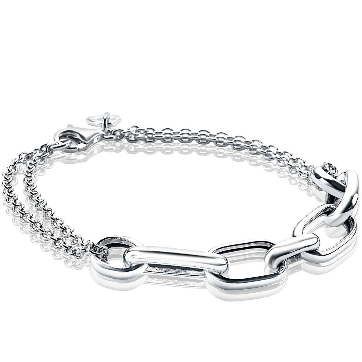 ZINZI zilveren armband met brede open ovale schakel, gecombineerd met dunne jasseron schakelkettinkjes. Deze mooie combinatie maakt de armband extra stijlvol. Bij sluiting herkenbaar ZINZI, door het zilveren Zinzi hartje. Vervaardigd van eerste gehalte zilver (925) en voorzien van een extra rodiumlaag voor een langdurige glans.