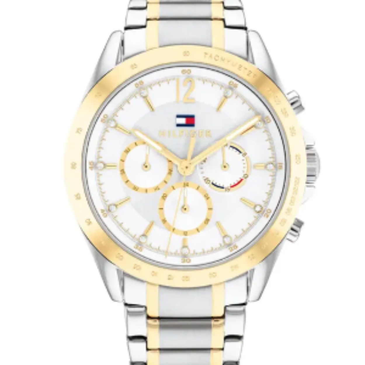 Dit Tommy Hilfiger horloge, uit de Kenzie collectie, heeft een bicolor stalen band en kast. De wijzerplaat is wit met goudkleurige indexen en wijzers. Het horloge is 5atm waterdicht en heeft een dag, datum en 24-uurs aanduiding.