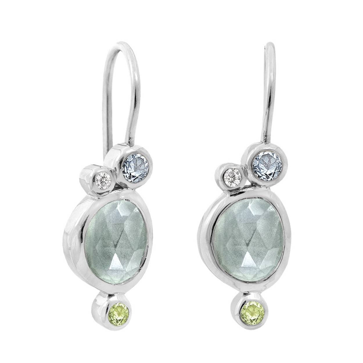 Zilveren Rabinovich oorhanger Calm Creek met blawe kwarts, peridot en zikonia. 