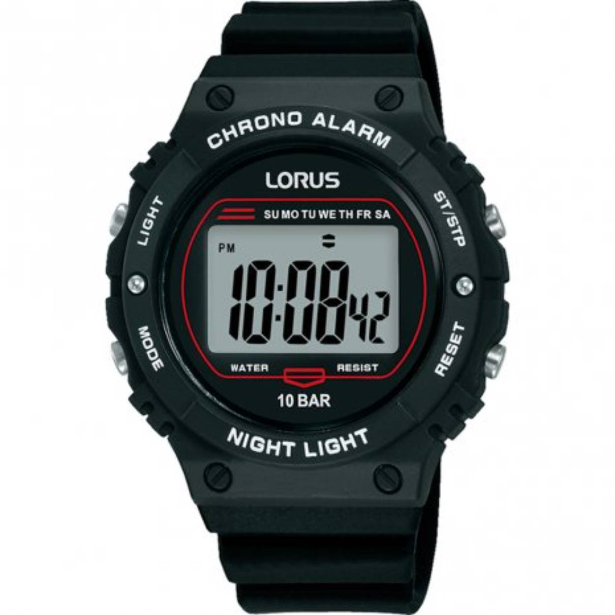 Dit is een herenhorloge van het merk Lorus. Het is een digitaal horloge gemaakt van kunststof. De diameter van de kast is 40 mm en de kast is 12 mm dik.