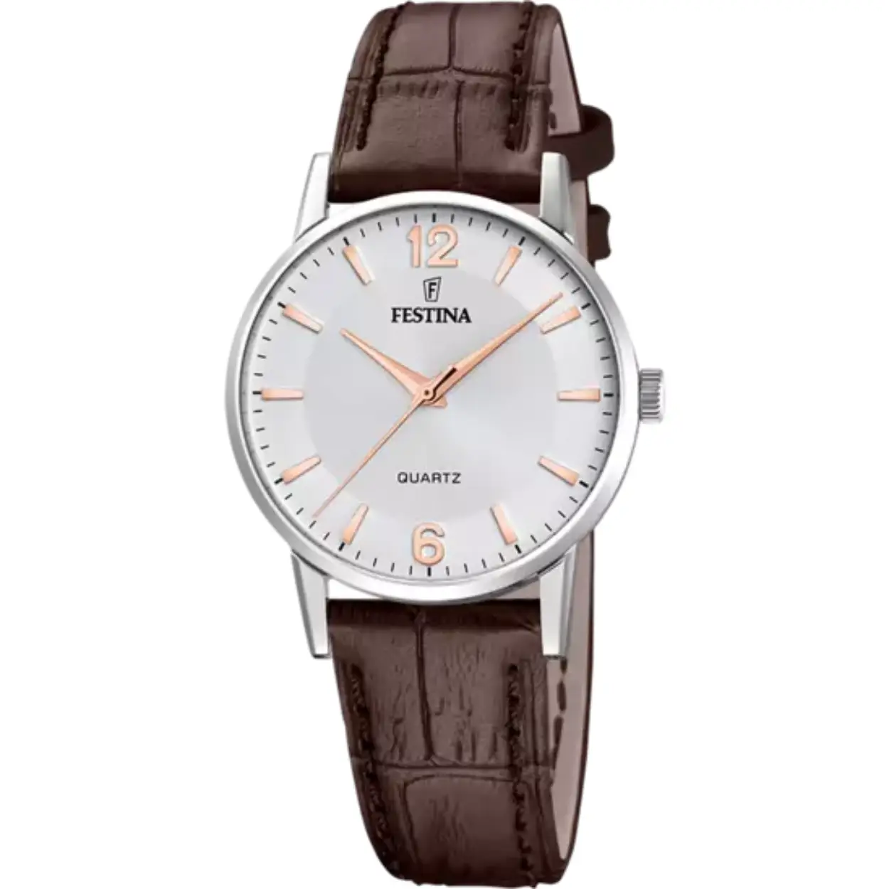 Damesuurwerk van Festina
Zilverkleurige kast
Bruine lederen band
Witte wijzerplaat met rosékleurige uuraanduiding
Waterdichtheid: 3 ATM