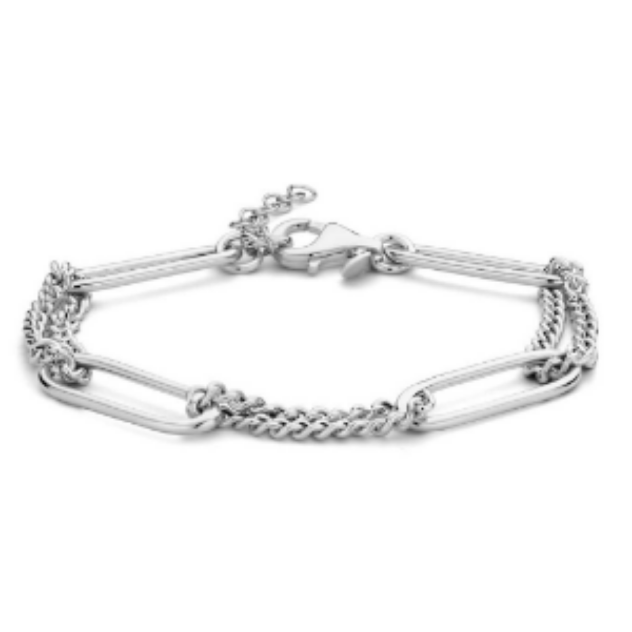 Gerhodineerd 925 zilveren armband uitgevoerd met een paperclip schakel van 7.2mm, gourmette schakel van 2.8mm en een karabijn sluiting. De armband heeft een draaglengte van 17cm en een extensie van 3cm.