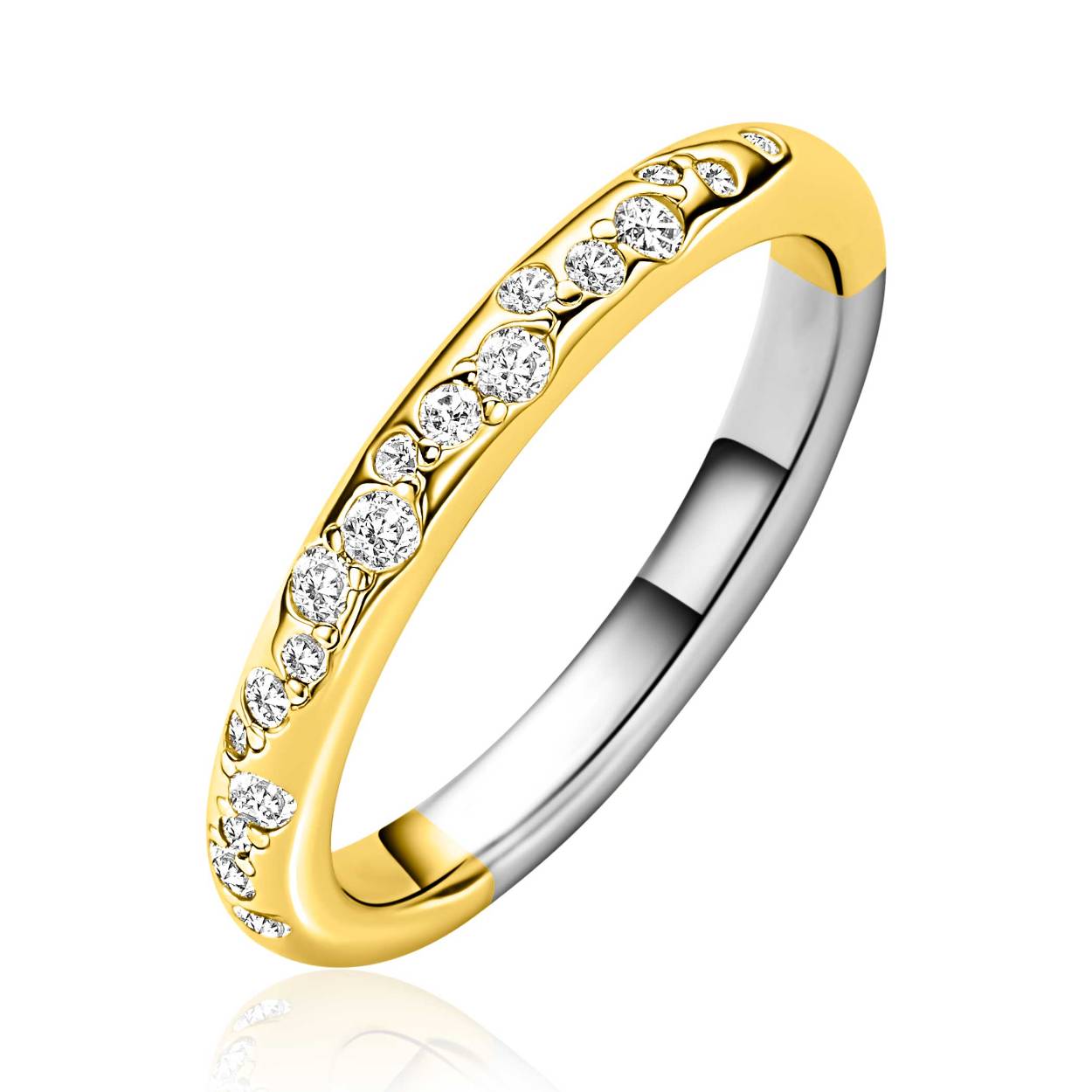 De ZINZI gold plated zilveren rijring, modelnummer ZIR2871-52, is een elegante ring van 3 mm breed, vervaardigd uit zilver en verguld met goud. De ring bevat witte zirkonia's in de vorm van druppels. Ideaal voor dagelijks gebruik. Draag deze ring als verfijnd accent bij zowel casual als chique outfits voor een stijlvolle uitstraling.