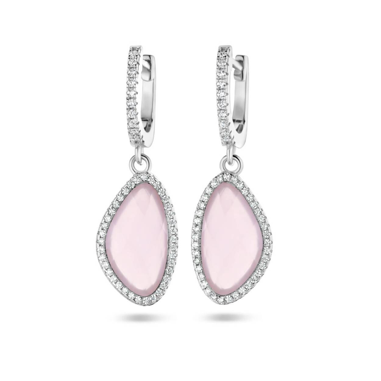 Gerhodineerd 925 zilveren klapoorringen uitgevoerd met roze glas en zirkonia. De klapoorringen hebben een totale hoogte van 35mm.