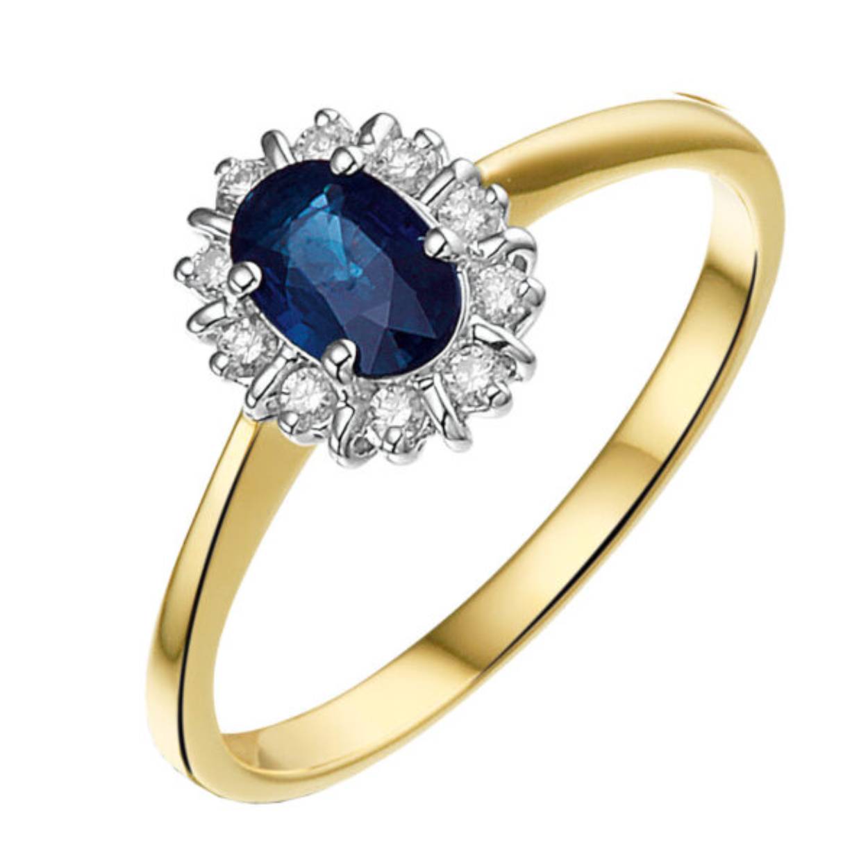 14krt Geelgoud Ring 10-0.10 Crt Diamant/1-0.69 Saffier