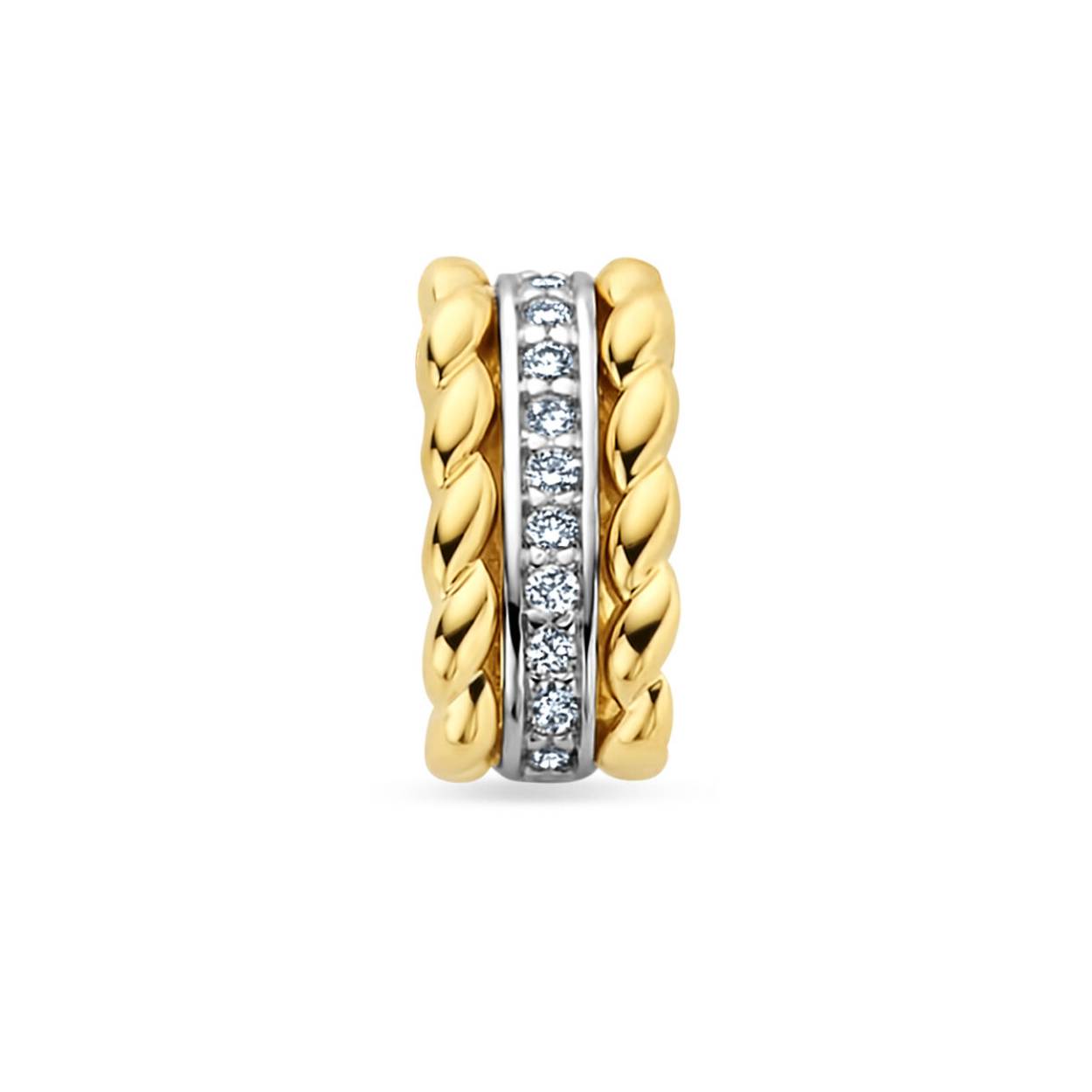 14k Bicolor geel- en witgouden hanger uitgevoerd met een diamant rij. De hanger heeft een totale hoogte van 11.5mm. Mooi met de bijpassende creolen en ring.