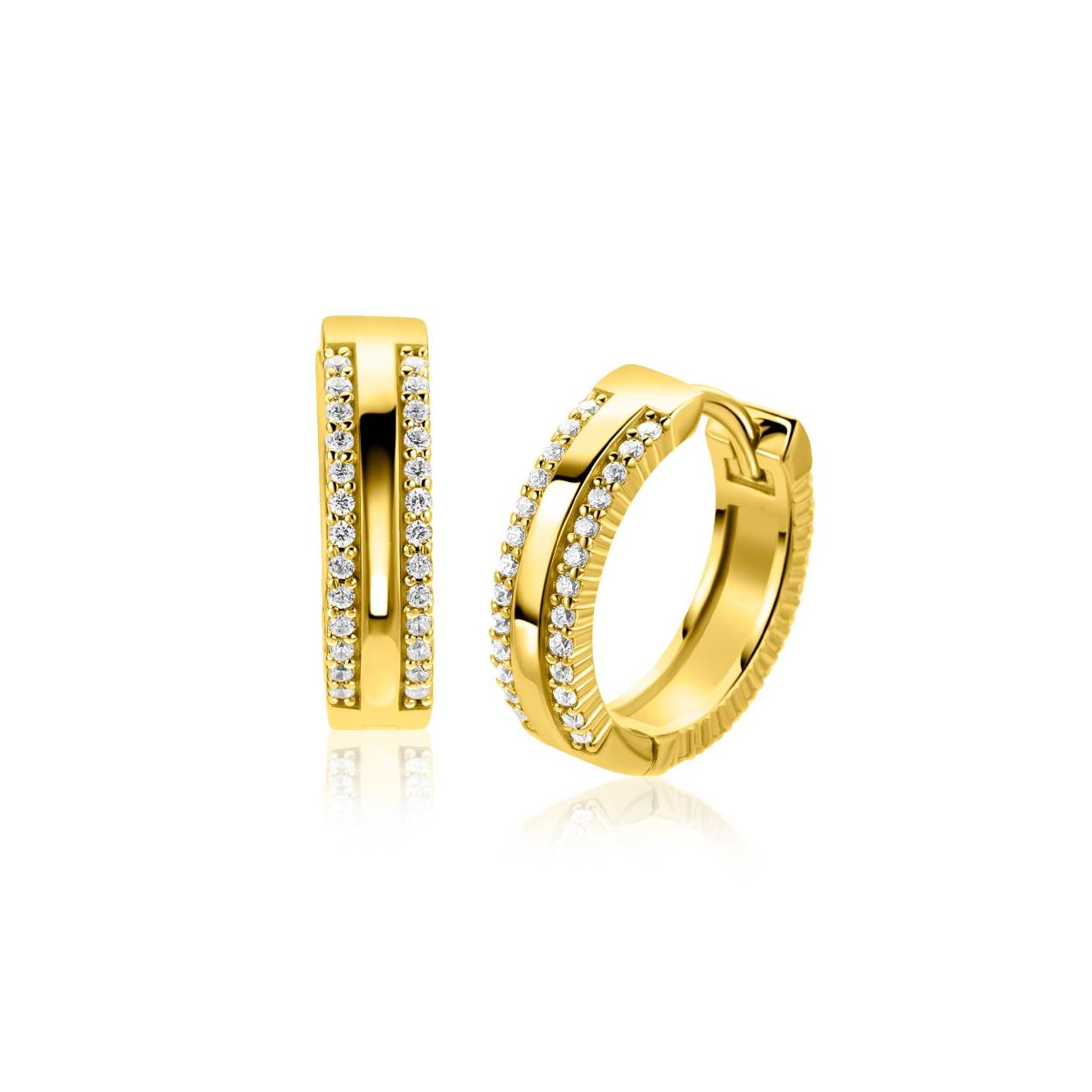 ZINZI goldplated zilveren luxe oorringen (16 x 4mm) met een glanzende baan in het midden en twee banen aan de buitenkant schitterend bezet met witte zirconia's. Deze chique oorringen hebben een gemakkelijke en extra zekere klapsluiting. Vervaardigd van eerste gehalte zilver (925) en extra geel verguld.