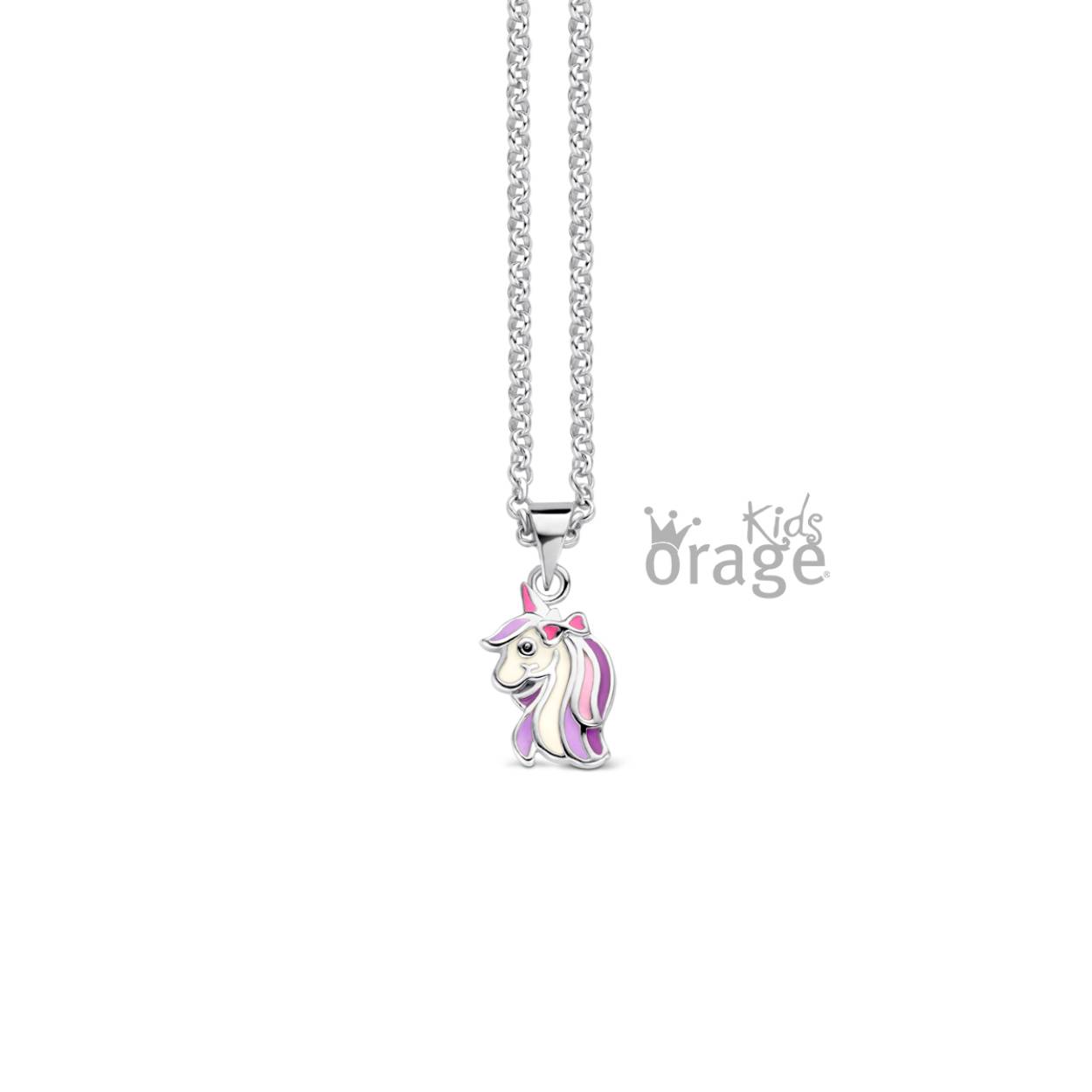 Zilveren ketting (36 cm) met hanger 'unicorn paars' van Orage kids
Ook verkrijgbaar van deze set: oorbellen, armband