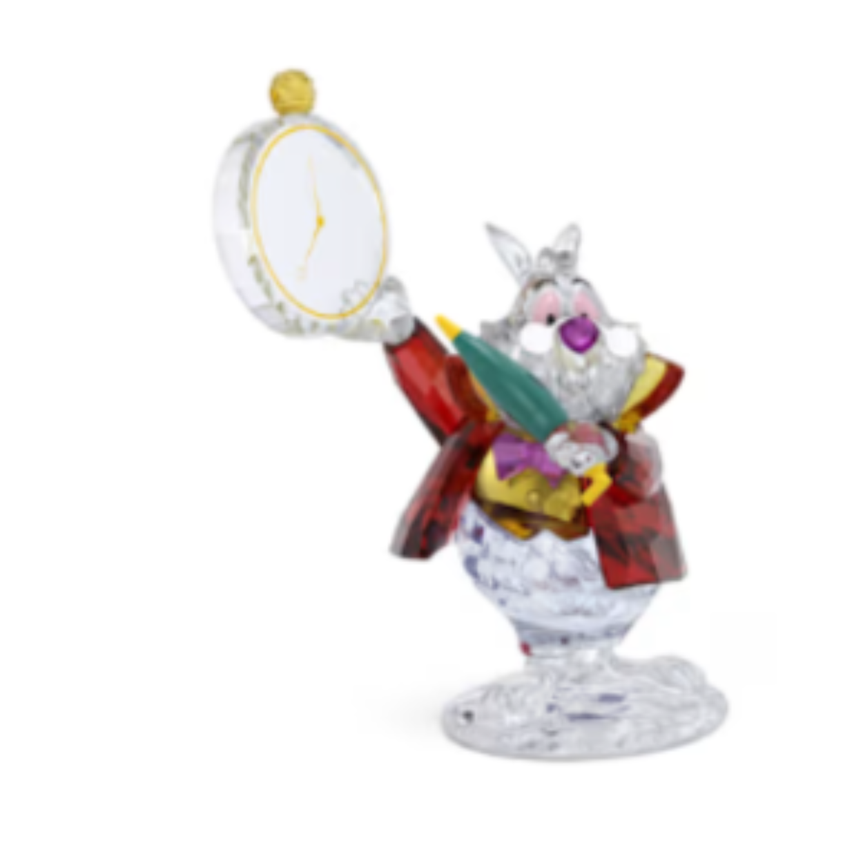Witte konijnen staan symbool voor innerlijke moed en kansen. In het klassieke verhaal van Disney leidt deze iconische figuur Alice naar het mysterieuze Wonderland. Hij zegt daarbij herhaaldelijk dat hij te laat is voor “een zeer belangrijke afspraak”. Swarovski bracht dit magische eerbetoon tot leven met 302 vakkundig geslepen facetten. Het vest, het gezicht, de bril en accessoires, waaronder het beroemde zakhorloge, van dit kleurrijke figuurtje zijn zeer gedetailleerd uitgevoerd. Het is dan ook een zeer tijdbewust voorwerp voor uw interieur. Geen speelgoed. Decoratief voorwerp. Niet geschikt voor kinderen jonger dan 15 jaar.