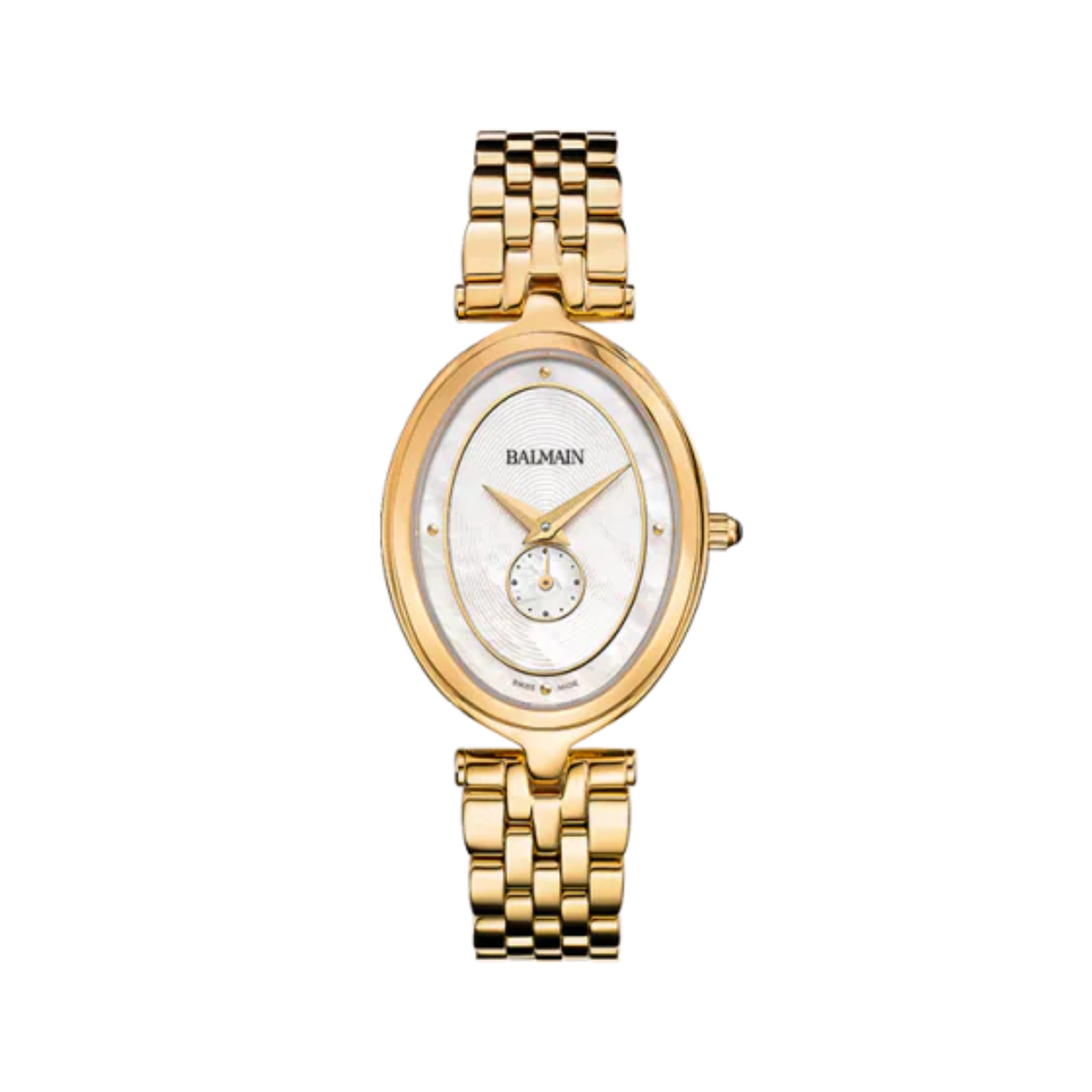 Balmain Haute Elegance Ovaal Goudkeurig

Dit Balmain Haute Elegance dameshorloge is bekend onder Balmain-referentienummer B81103386. Het horloge heeft een quartz-uurwerk dat geplaatst is in een met PVD gekleurde edelstalen kast. Op de witte parelmoeren wijzerplaat is analoge tijdsweergave zichtbaar. Aan de kast zit een goudkleurige met PVD gekleurde stalen horlogeband met een vouwsluiting.

Het quartz-uurwerk biedt u alleen de tijd als tijdfunctie(s). De ovale horlogekast is 50m waterdicht en voorzien van een saffierglas.