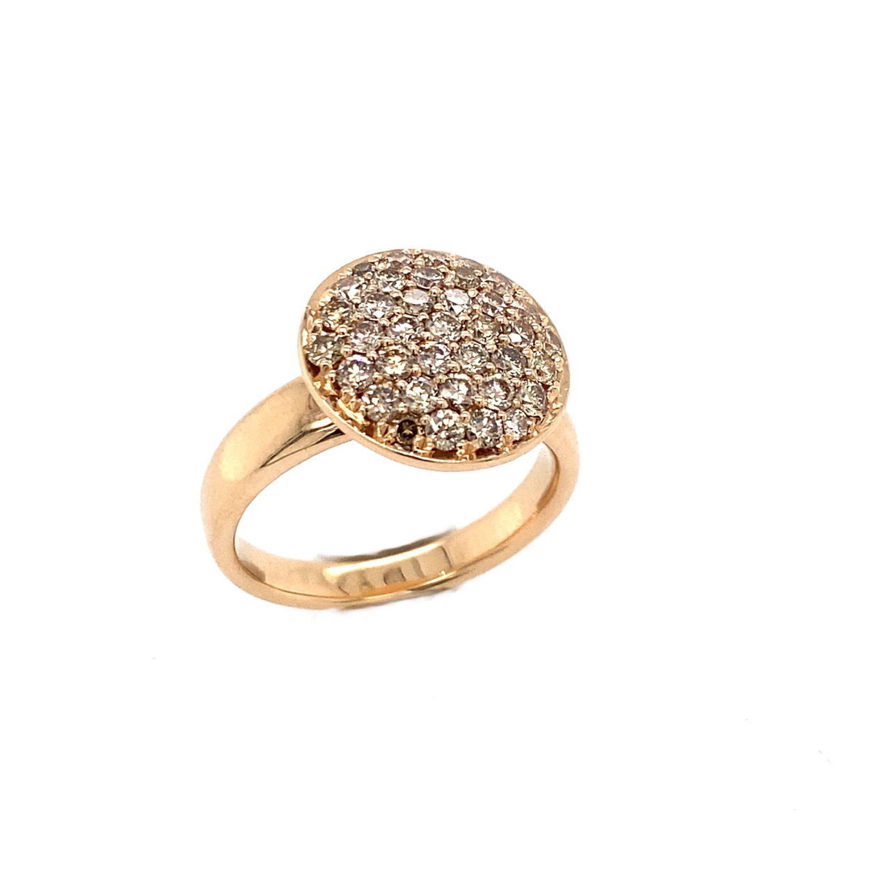 18 krt rose gouden R&C romance ring pillow round met 1,50 crt cognac briljant
