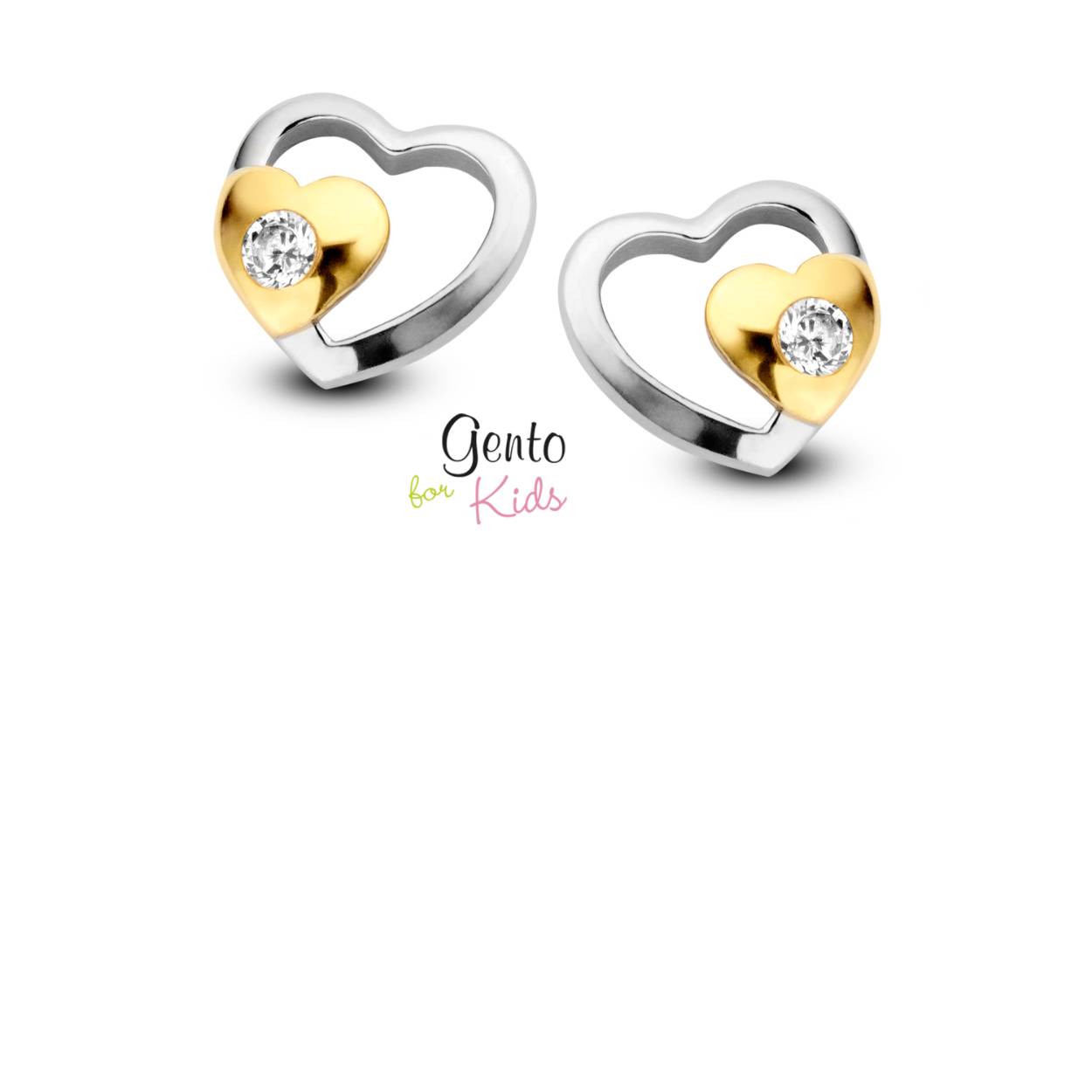 Goud/zilverkleurige oorstekers 'duo-hartje' met zirkonium steentje
Bijhorende ketting met hanger ook verkrijgbaar