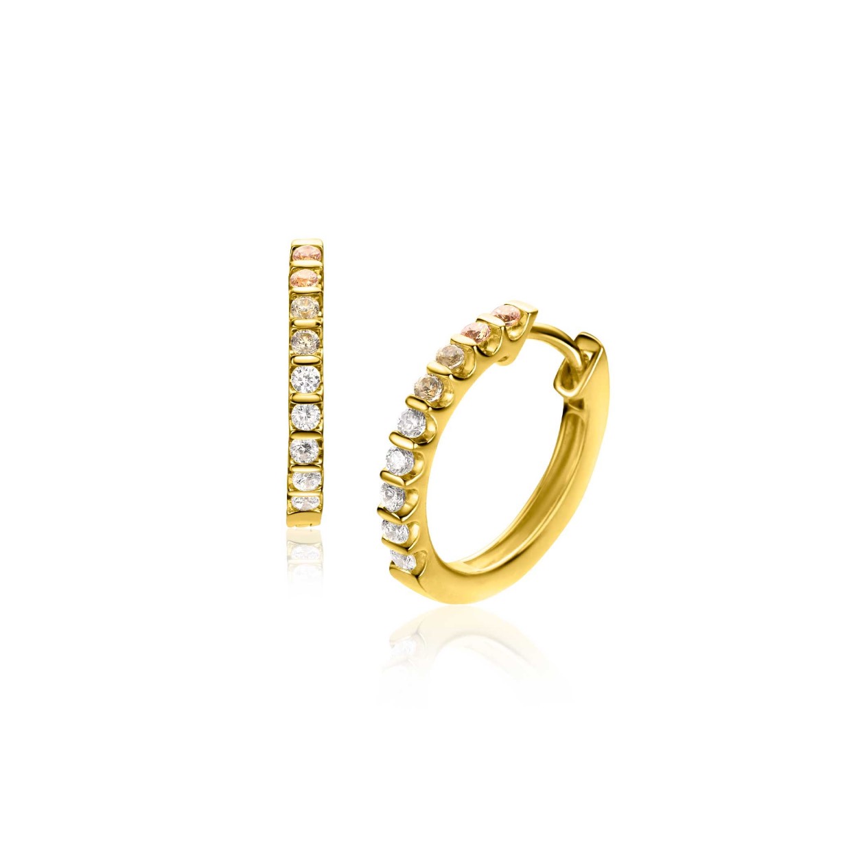 ZINZI gold plated zilveren oorringen bezet met champagne, peridot en witte zirconia's met luxe klapsluiting ZIO2612