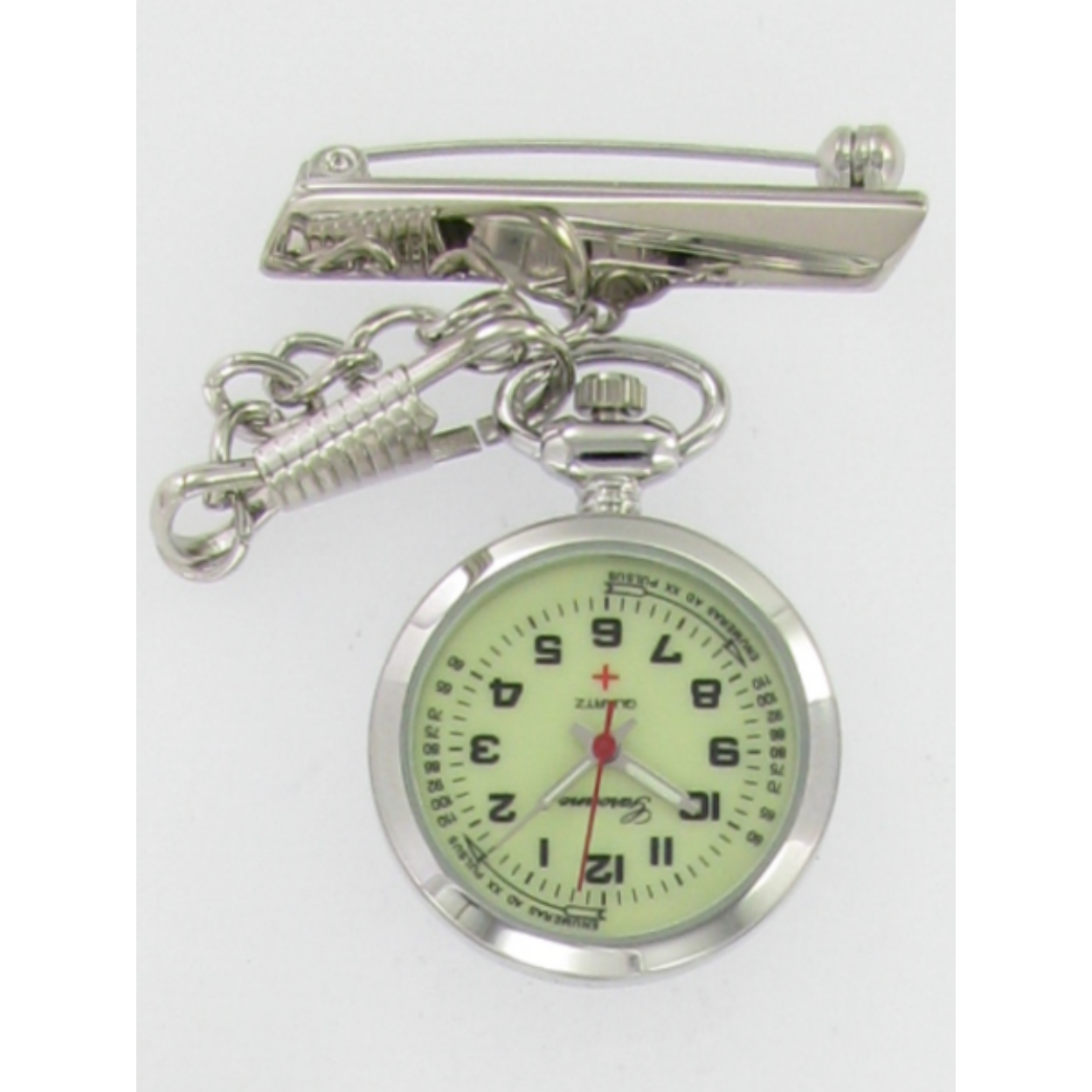 Garonne rond verpleegster horloge uitgevoerd in staal aan een stevige clip-bevestiging, die met een beveiligde speldsluiting op de borst gespeld kan worden. 