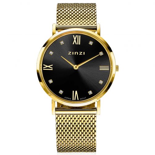 Het nieuwe Zinzi Roman horloge is een maatje kleiner dan de populaire Retro watch. Met zijn goudkleurige stalen kast van 34mm oogt dit horloge trendy op de dunnere pols. En de sierlijke romeinse cijfers geven de wijzerplaat een tijdloos karakter. Voorzien van een zwarte 'sunray' wijzerplaat en bezet met witte zirconia's op de uur-aanduiding. Het extra dunne Japanse uurwerk en de platte ronde stalen kast (34mm) zorgen voor een elegante look. De stalen meshband is eenvoudig te verwisselen door het handige schuifsysteem aan de achterkant. 5atm waterbestendig (tegen regen en spatwater) en met sterk mineraal glas.