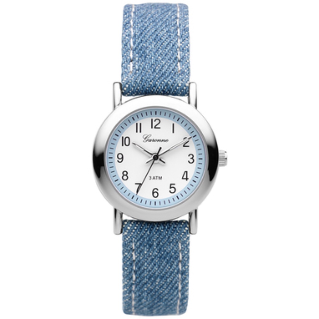Garonne kinder horloge KV36Q467 met denim band, witte wijzerplaat  en met blauwe  ring.
Diameter	27 mm
Doelgroep	Kinderen
Kastvorm	Rond
Kleur band	Blauw
Kleur kast	Zilverkleurig
Materiaal Band	Textiel
Materiaal Kast	Edelstaal
Soort glas	Mineraal
Soort uurwerk	Quartz