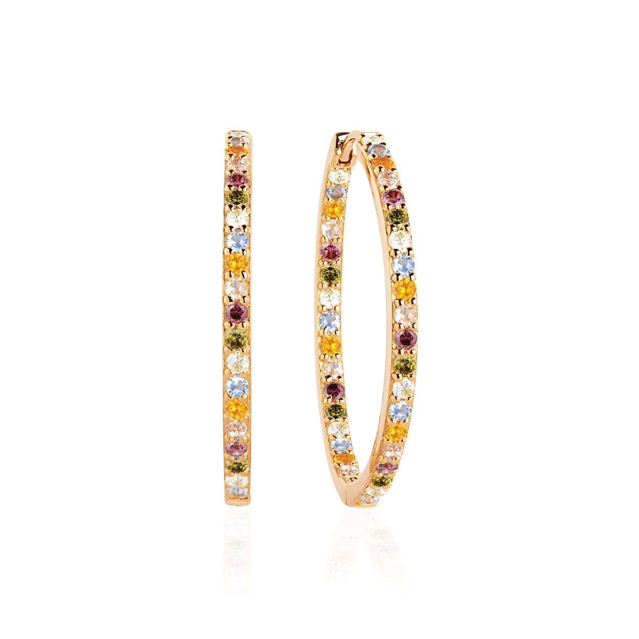 Earrings made of 18 karat gold plated 925 Sterling silver, polished surface and facet cut multicoloured zirconia.

Earrings measurements: Diameter 33 mm