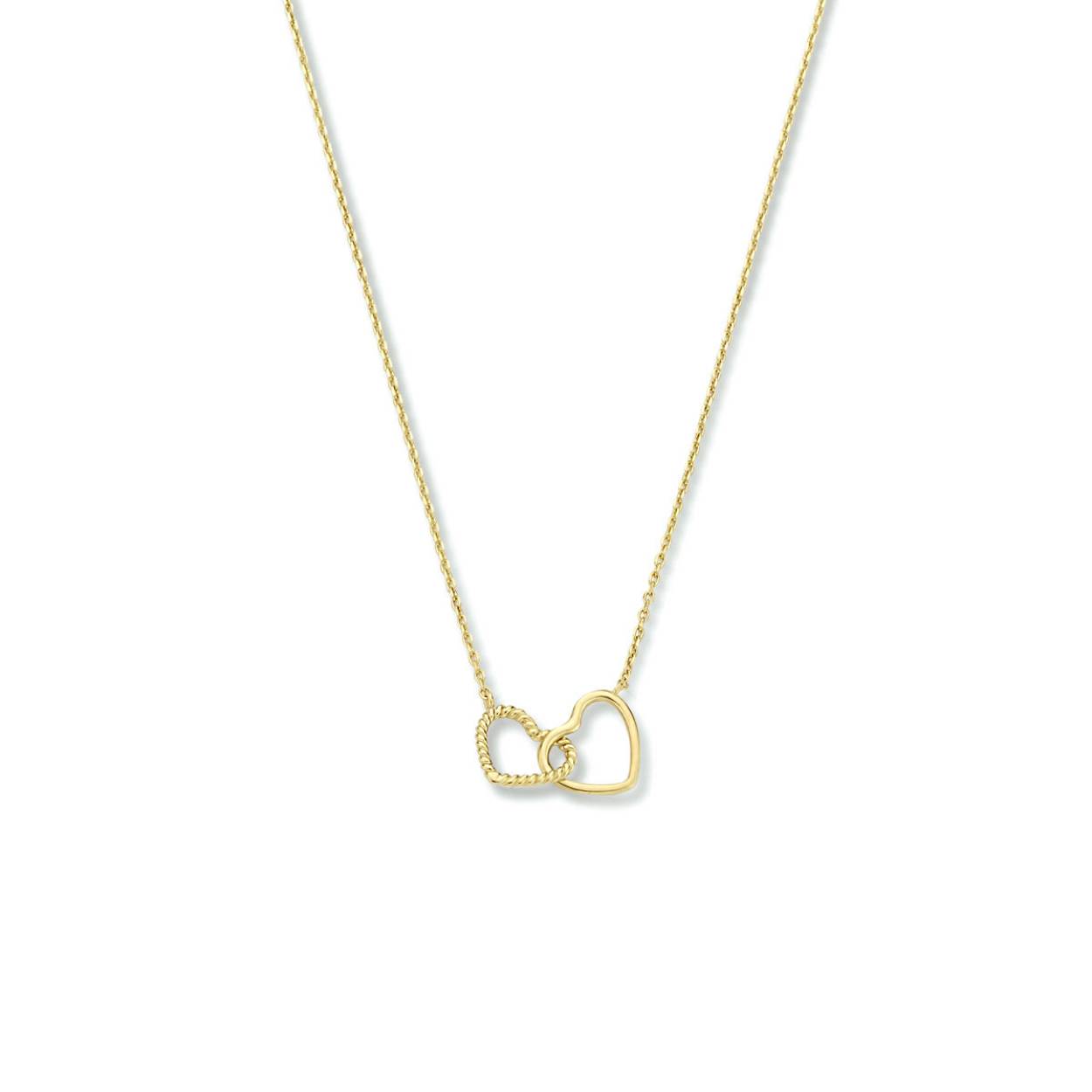 14k Geelgouden collier uitgevoerd met twee hartjes. Het collier heeft draaglengtes van 40, 42 en 44cm. De hartjes hebben beide een afmeting van 7x8mm. De schakelbreedte is 0.8mm.