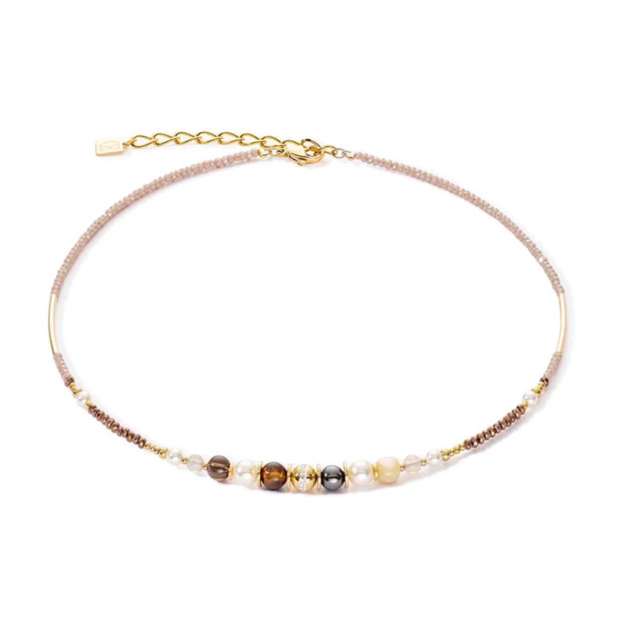 Tiger'S Eye, mother-of-pearl, agate, haematite, Crystal Pearls by Swarovski®, crystal glass, cut glass, stainless steel gold. Clasp stainless steel gold plated.