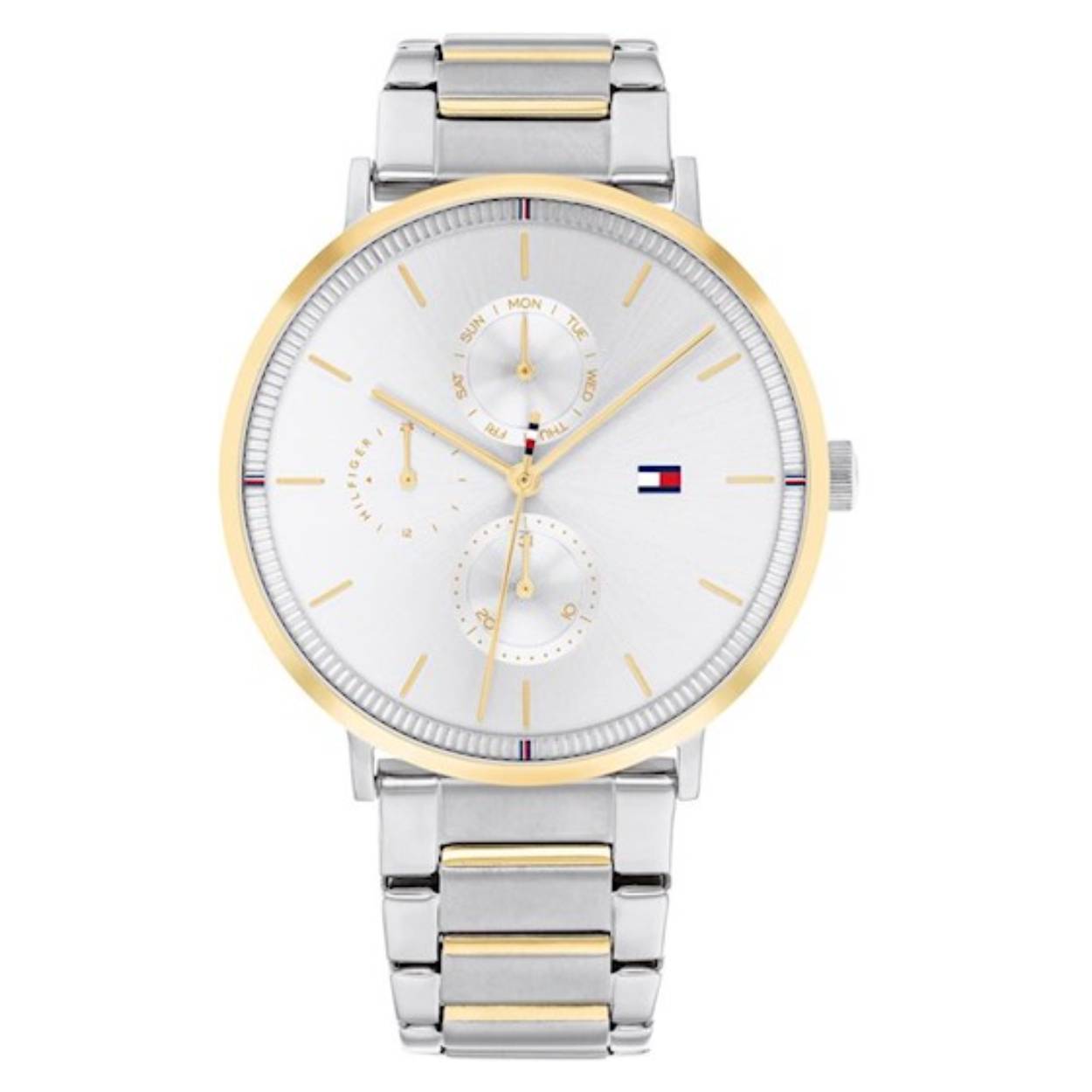 Bi-colour stalen dameshorloge model Jenna met een dag- datumaanduiding. Dit trendy dames Tommy Hilfiger TH1782299 horloge beschikt over een Quartz uurwerk en een prachtige zilverkleurig-goudkleurige band. De kleur van de ronde kast van dit dameshorloge is goud-zilverkleurig. Het glas van dit horloge is gemaakt van sterk mineraalglas. Dit prachtige horloge van Tommy Hilfiger is gemaakt van staal. De wijzerplaat is zilverkleurig. Het horloge is 3 atm spatwaterdicht.