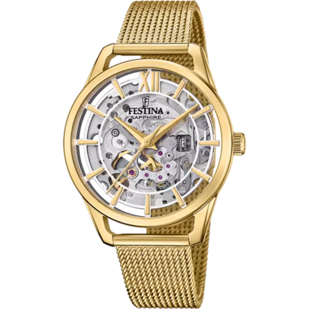 Horloge van Festina. Het horloge heeft een unieke uitstraling, aangezien de wijzerplaat doorzichtig is en de achterkant van de kast ook, waardoor je als het ware door het horloge heen kan kijken en het Quartz uurwerk ook kan bewonderen.
Verder is het horloge uitgerust met een goudkleurige milanese band, en het is 3ATM, wat het wel spatwaterbestendig maakt, maar niet meer dan dat, dus absoluut niet geschikt om bijvoorbeeld mee te zwemmen/douchen.