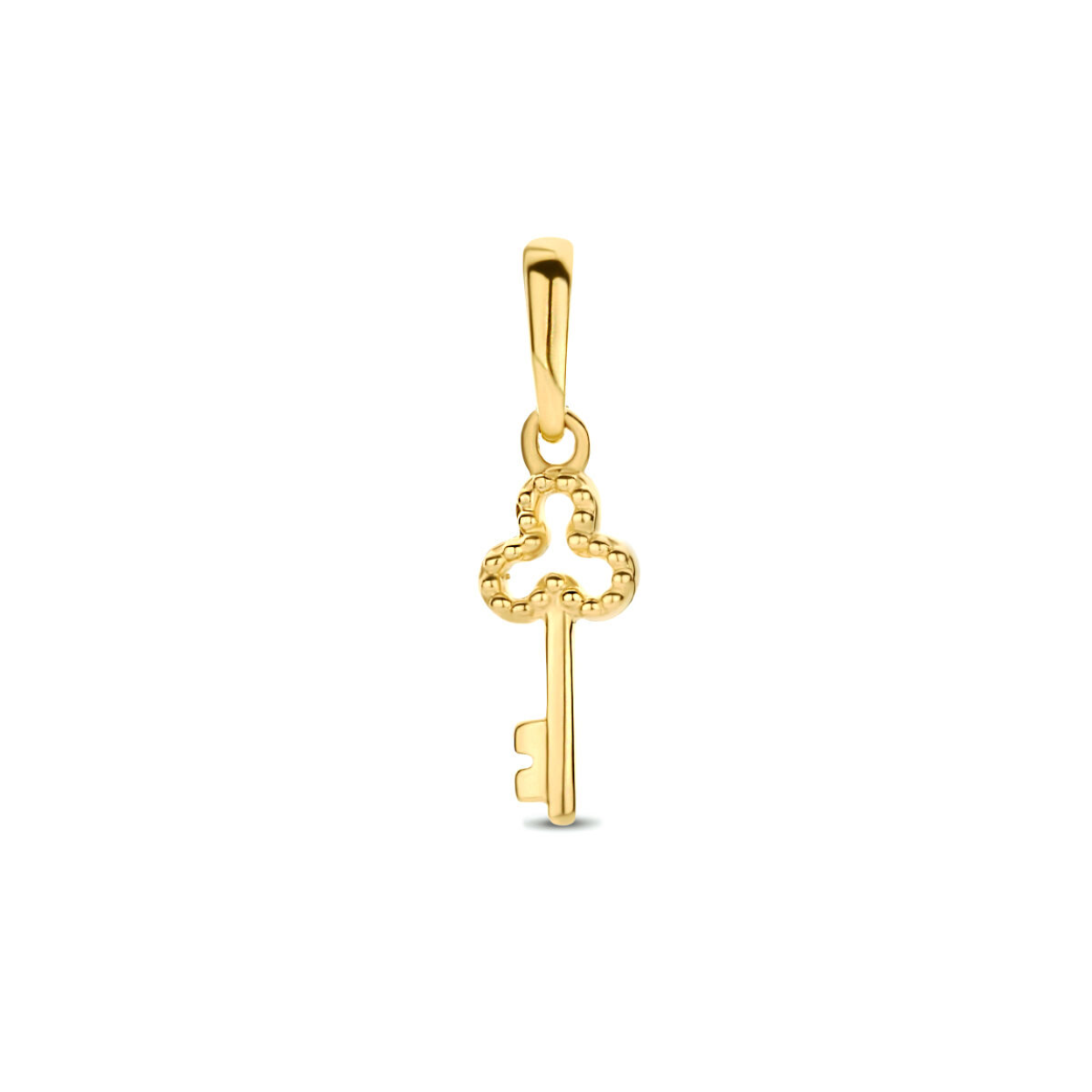 14k Geelgouden hanger in de vorm van een sleutel. De hanger heeft een totale hoogte van 1.7cm en de sleutel heeft een afmeting van 11.5x4.5mm.