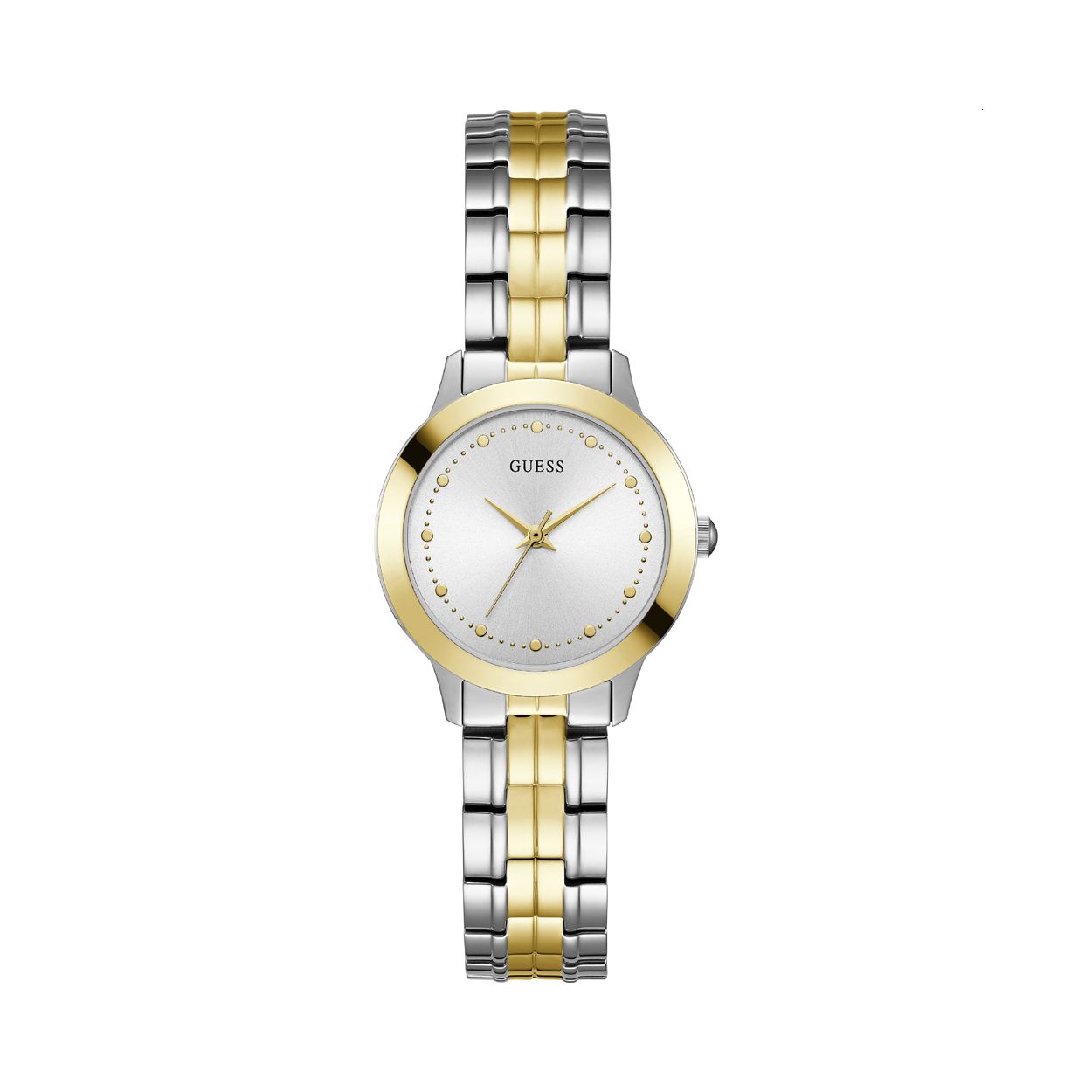 Dit bi-color GUESS Chelsea dameshorloge heeft een klassieke look. De subtiele details op de wijzerplaat geven het horloge een elegante twist. Dit model is uitgevoerd met klassieke schakelband en is afgedekt met mineraalglas voor een heldere look. Het horloge is tot 3 ATM waterdicht en de diameter van de kast is 30 mm. Model: W0989L8