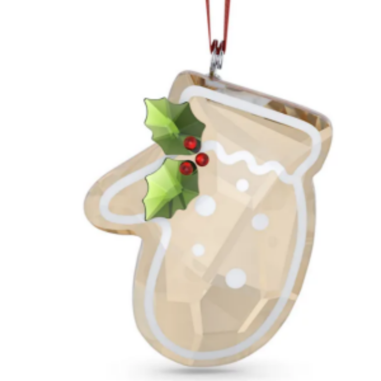 Dit prachtige peperkoekornament van een want in een koekjesstijl geeft alle soorten decoraties voor de feestdagen een vrolijk en lieflijk accent. Het ontwerp ziet eruit als een want en is vervaardigd met goudkleurige kristallen met hulstbladeren en 53 schitterende facetten. Dit vrolijke ornament hangt aan een stevig rood lint en is een eerbetoon aan een van de meest traditionele lekkernijen van de feestdagen