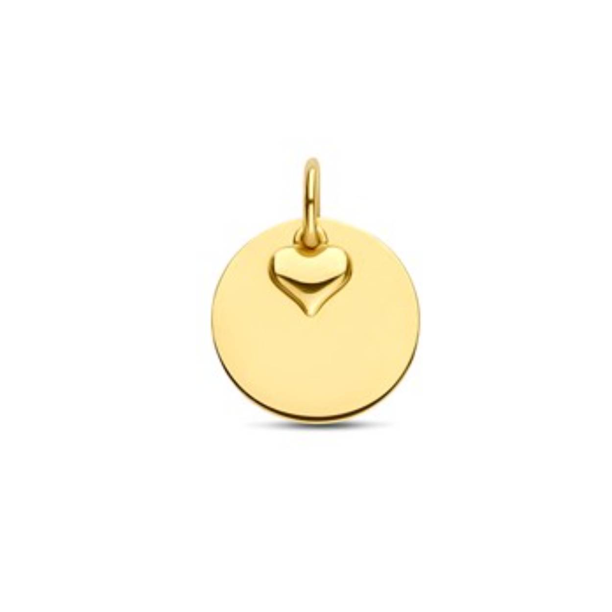 14k Geelgouden graveerhanger uitgevoerd met een hartje. De hanger heeft een totale hoogte van 1.4cm en een diameter van 11.3mm. Het hartje heeft een afmeting van 4x4mm.