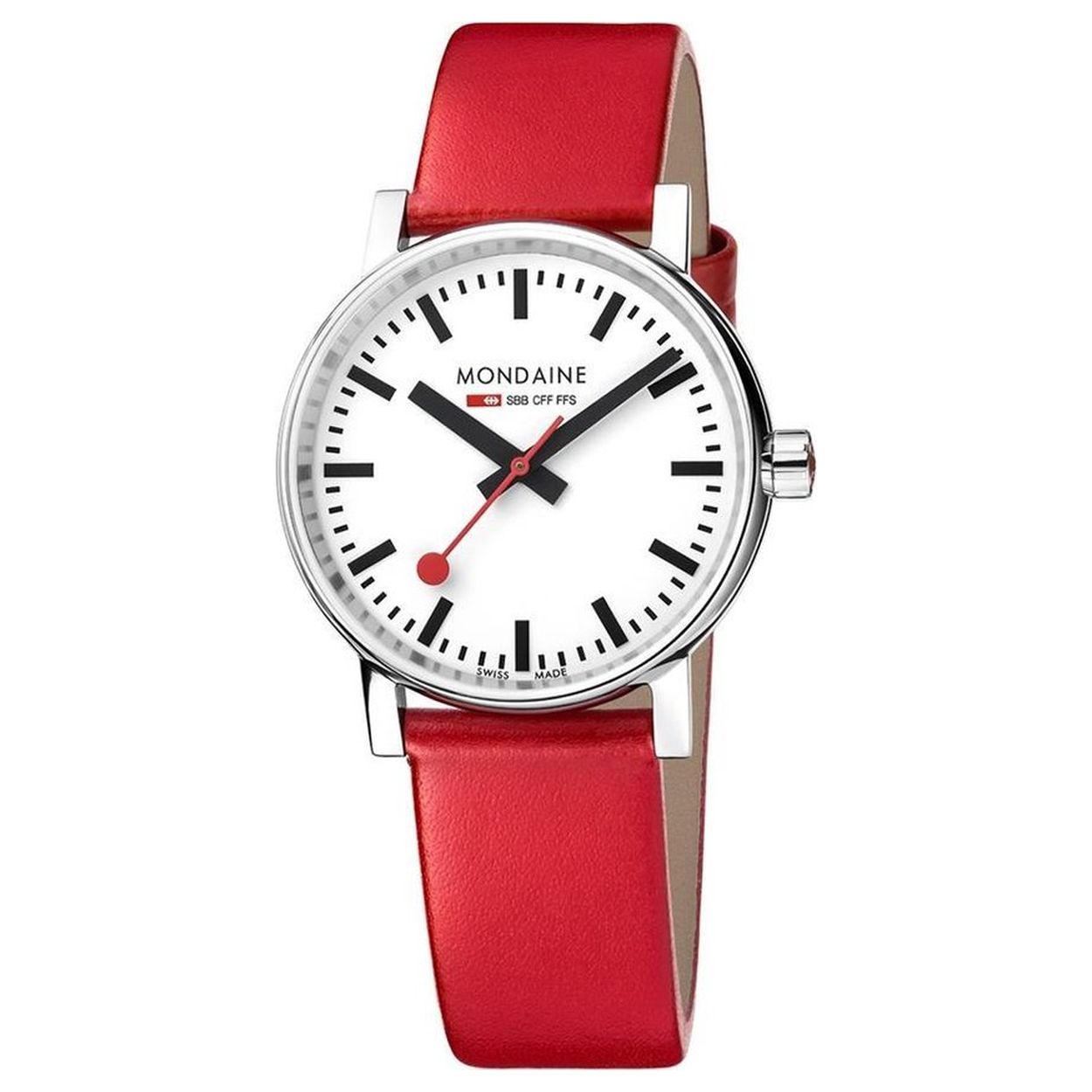 Mondaine - MSE.26110.LC - Evo2
Dit design dameshorloge uit de Mondaine Evo2 serie is een stijlvol horloge uit de eerste ‘Official Swiss Railway Watch’ serie. Het horloge heeft krasvast saffierglas en een glanzende licht gebolde horlogekast met een kastdiameter van 26 mm. De band van het horloge is van leer. 

HET MERK 
The Official Swiss Railway Watch. Gebaseerd op de officiële stationsklok van de Zwitserse spoorwegen, is 30 jaar geleden de horlogelijn onder het merk Mondaine opgezet. Zwitserse kwaliteitsuurwerken, net zo punctueel als de Zwitserse treinen. 
Een echte design klassieker met een unieke wijzerplaat en de wereldberoemde rode secondewijzer met bolletje. Herkenbaar uit duizenden.

SPECIFICATIES
- Krasvast saffierglas
- Licht gebolde kastvorm, Ø 26 mm
- Glanzende stalen horlogekast
- Witte wijzerplaat van de originele stationsklok
- Rood lederen horlogeband met glanzende stalen gesp
- Swiss Made