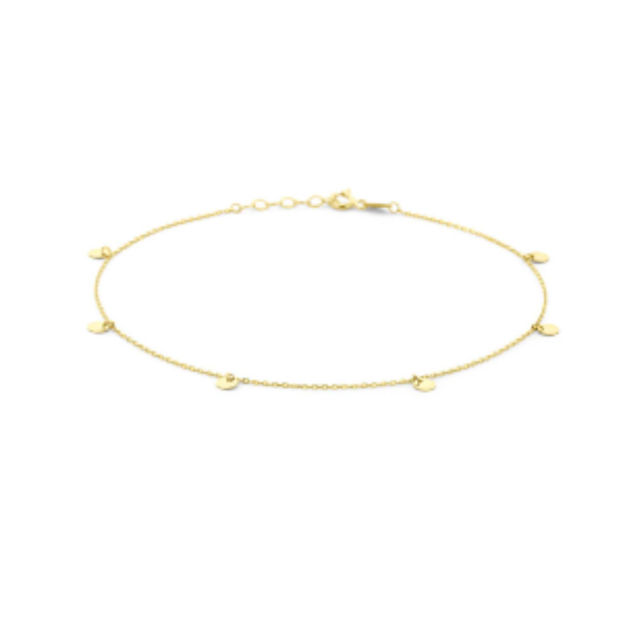 14k Geelgouden enkelbandje uitgevoerd met rondjes en een karabijn sluiting. Het enkelbandje heeft een draaglengte van 24cm met een extensie van 2cm. 