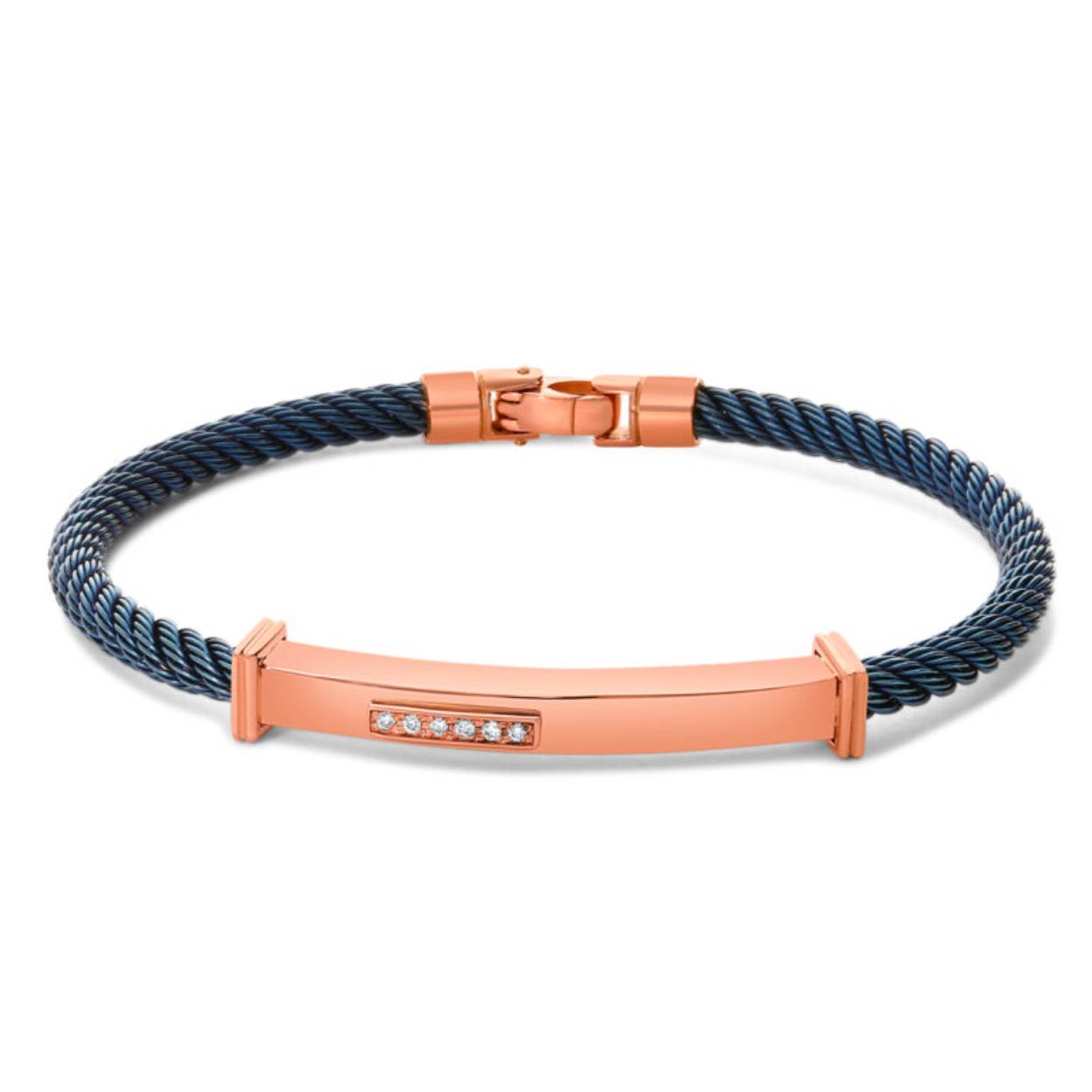 Stijlvol en eigentijds, de bespoke JH Brummer Rose Gouden Heren Armband combineert de warmte van rose goud met de stoere uitstraling van blauw staal. Met een subtiele 0.06 crt H SI diamantaccent voegt het een vleugje luxe toe aan elke look.