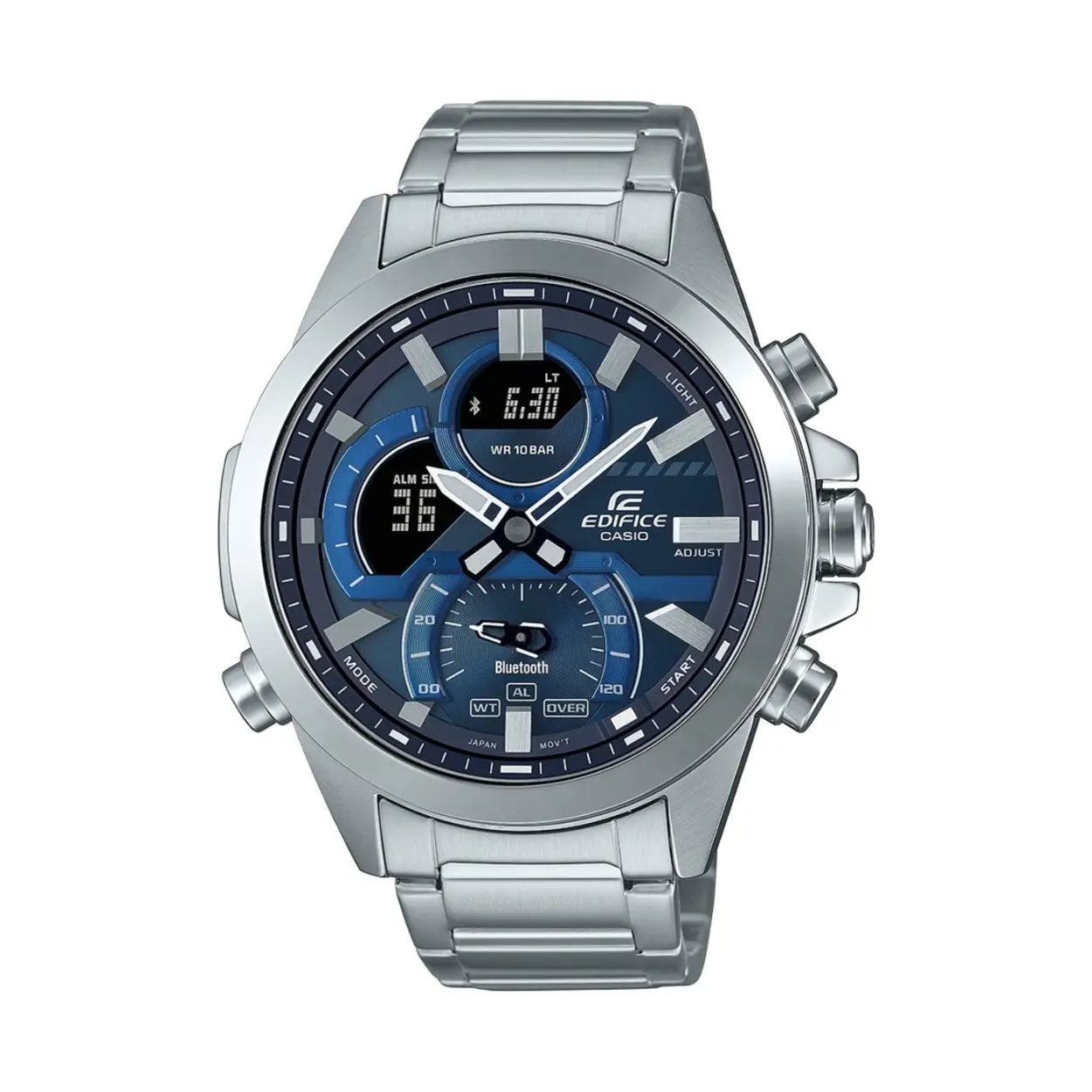 Dit is een Casio horloge uit de collectie EDIFICE Bluetooth. 
Dit horloge heeft de volgende specificaties: 

Kast: 
Kastmateriaal: Massieve roestvrijstalen kast
Kasthoogte: 52.3 mm
Kastbreedte: 48.7 mm
Kastdikte: 12.9 mm

Band: 
Sluiting: Veiligheidssluiting
Bandmateriaal: Edelstalen armband

Overige specificaties: 
Gewicht: 148 gram
Glassoort: Mineraalglas
Waterdichtheid: Classificatie waterbestendigheid (10 bar)
5 alarmen per dag
Batterijduur: 2 jaar - 1 batterij
Auto LED-lampje
Neo-display
Automatische kalender
12/24-uurs tijdweergave
Weergave van de dag in verschillende talen
Knopgeluiden aan/uit
Wijzer beweeg functie
Bluetooth� Smart
Timer - 1/1 sec. - 24 uur
Wereldtijden
Batterij: CR2016
ACCURATIE: Smartphone Link