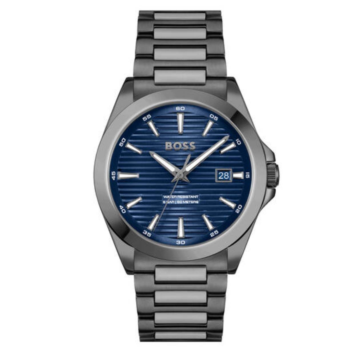 Dit BOSS horloge behoort tot de Strike collectie.
Referentienummer: HB1514175

Dit BOSS horloge heeft een luxe sportieve uitstraling. Zeer geschikt voor de moderne stijlvolle man van nu. Het herenhorloge valt op door zijn gunmetal stalen horlogekast met een gladde bezel en een blauwe gelijnde sunray wijzerplaat met een datum. Opvallend zijn de wijzers en uurstrepen die met lumibrite zijn ingelegd. Aan de kast zit een gunmetal stalen mat glanzende schakelband met een vouwsluiting. Het horloge heeft een doorsnee van 41mm met een mineraalglas en is 5ATM. 
