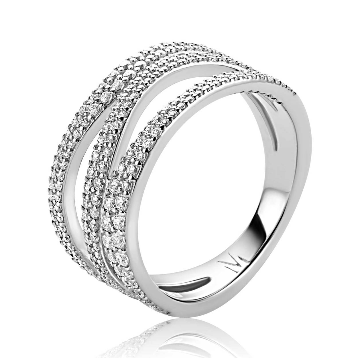  Mart Visser by ZINZI zilveren multi-look ring is 11,5mm breed en organisch gevormd, prachtig bezet met witte zirkonia's. Deze veelzijdige ring kan op verschillende manieren gedragen worden, waardoor hij perfect is voor elke gelegenheid. Combineer hem met andere sieraden voor een trendy en stijlvolle look, of draag hem alleen voor een subtiele touch of sparkle.