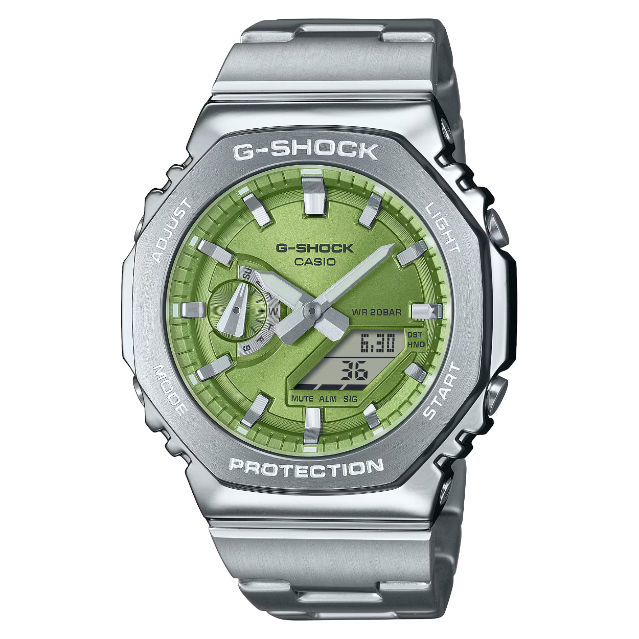 Maak kennis met de GM-2110D, een analoog-digitale combinatie van G-STEEL op basis van de GA-2100, nu met een stijlvolle update van de metalen rand en band. 

De uniforme achthoekige roestvrijstalen rand is zorgvuldig gesmeed en gepolijst en omsluit een eenvoudig ontwerp zonder poespas met een verfijnde, maar stoere uitstraling. De kast met hoge stijfheid is van fijnhars en versterkt met glasvezel, en is de dunste van alle G-SHOCK-combinatiemodellen, met slechts 11,8 mm.

De metalen band, samen met de frisse kleur van de wijzerplaat in metallic messing, kan alles aan; werk of ontspanning. 

Je kunt kiezen uit hemelsblauw, oranje of limoengroen, naast de klassieke kleuren marineblauw en zilver. En dat alles met dubbel ledlicht met hoge helderheid, zodat je zelfs in het donker goed kunt lezen.