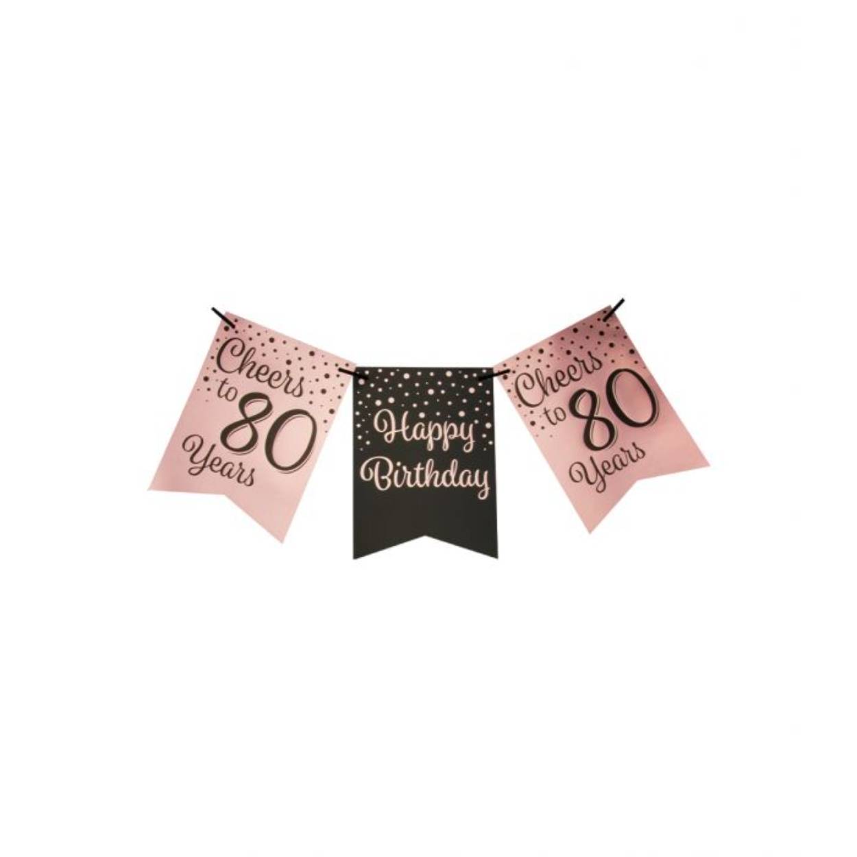 De rose/black party flag banners maken goede sier op een feestje zoals bijvoorbeeld een jubileum, maar ook op een verjaardagsfeest zoals deze rose/black party flag banner met opdruk 80. Door de gebruikte kleuren hebben deze flag banners een luxe maar toch feestelijke uitstraling! De vlaggetjes zijn gemaakt van folie met een bedrukking aan beide kanten
