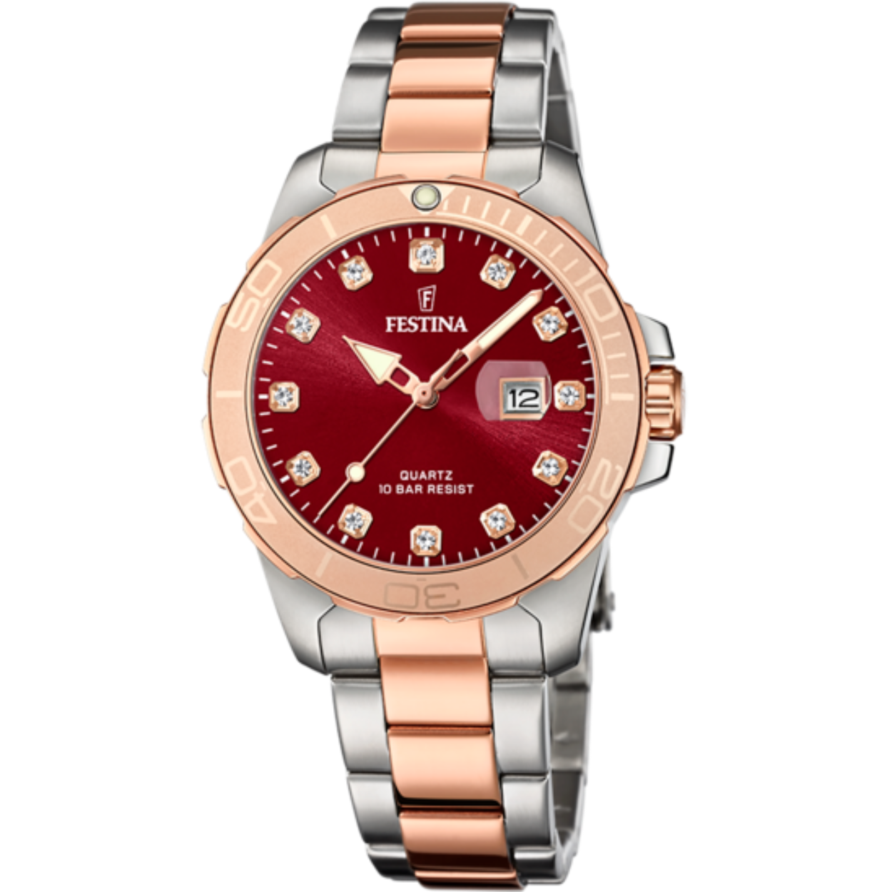 Festina - Quartz. Bicolour Staal/Rosé PVD. 100m WR. Mineraalglas. parelmoer wijzerplaat - F20505/2