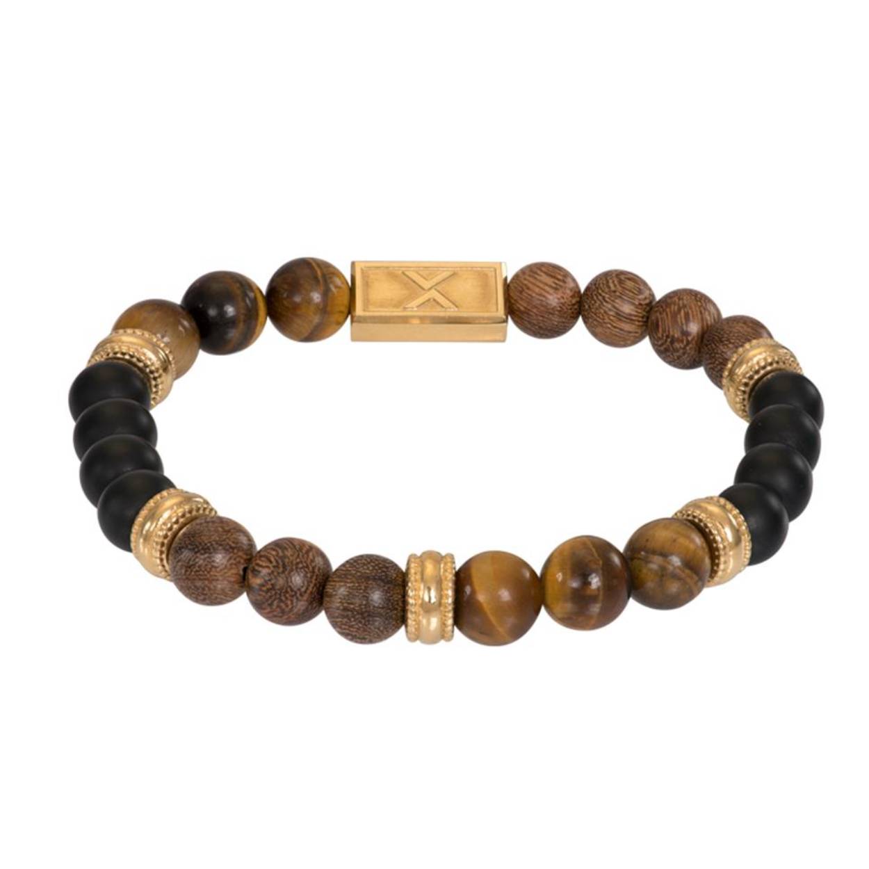 De iXXXi MEN armband Cliff bestaat uit een combinatie van stainless steel in de kleur goud en donkerbruin kleurige houten kralen. De bracelet is een kralenarmband die bestaat uit unieke bruin- en zwartkleurige kralen en verschillende goudkleurige stalen details. In het midden van de armband bevindt zich een rechthoekig detail met een 'X' erop gegraveerd. De iXXXi heren armband Cliff is verkrijgbaar in twee maatvoeringen (19,5 - 20 en 21,5 - 22) en door middel van elastiek gemakkelijk te dragen. Mix en match met verschillende armbanden uit de iXXXi MEN collectie en maak zo jouw look compleet!