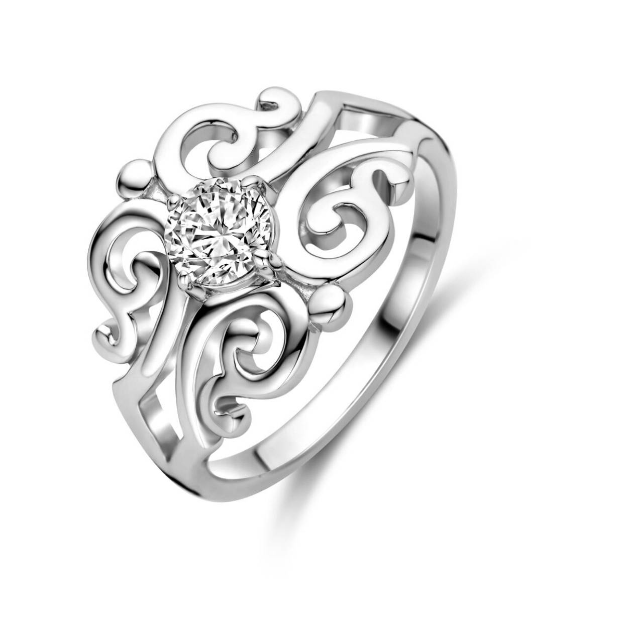 Gerhodineerd 925 zilveren filigrain ring, uitgevoerd met zirknia. De ring heeft een breedte van 13.5mm.