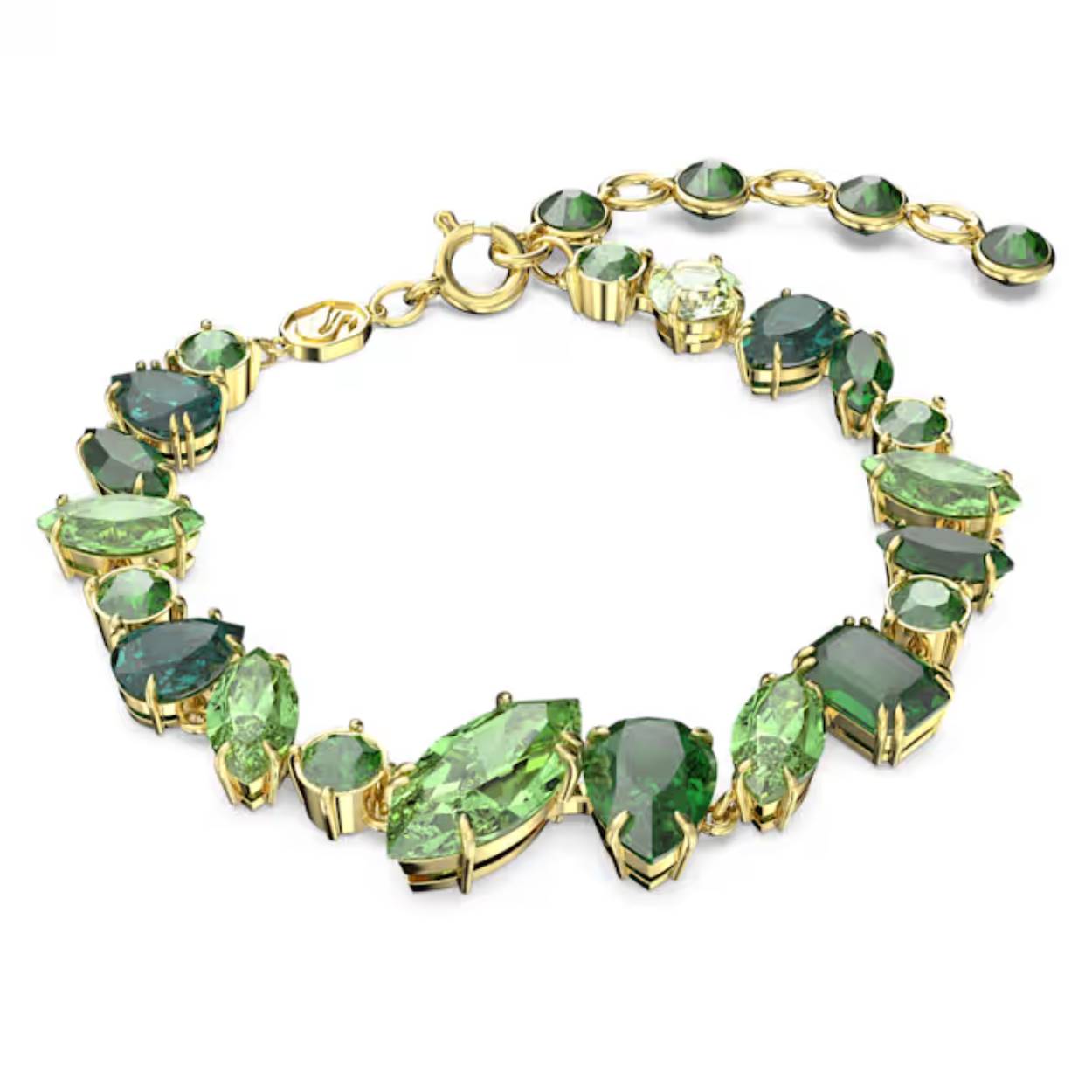 Deze Gema-armband blijft u verrassen dankzij de combinatie van levendige slijpvormen en kleuren. De hypnotiserende tinten gaan van diep- tot felgroen en elke steen heeft een zetting met een glanzende goudkleurige toplaag. Kies dit sieraad om uw look te voorzien van een kleurrijke boost.