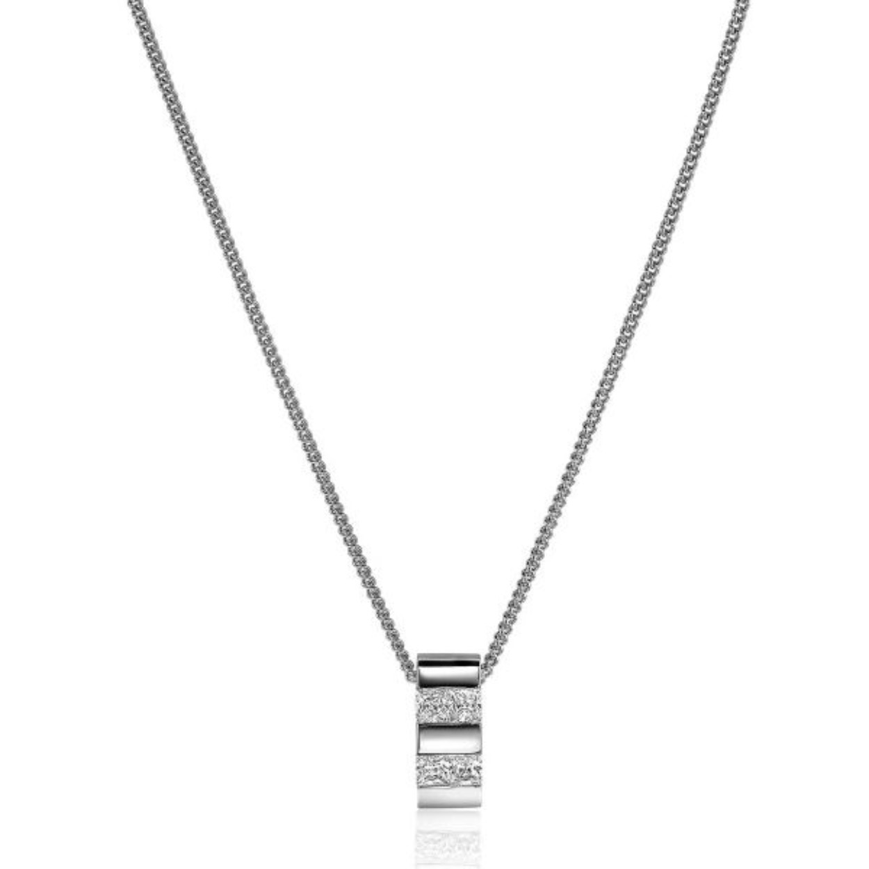 ZINZI zilveren ketting met een strakke rechte zilveren hanger, exclusief ontworpen door mode-ontwerper Mart Visser. De lengte van de ketting is 45cm. De hanger heeft een strak recht design, waarbij twee zettingen zijn bezet met princess geslepen witte zirconia's. Deze schitterende zilveren ketting draagt herkenbaar de signatuur van Mart Visser. Vervaardigd van eerste gehalte zilver (925) en met extra rodiumlaag voor een langdurige glans. 