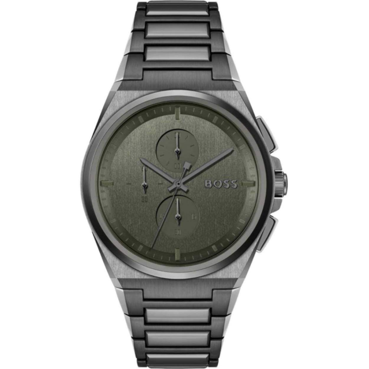 Ontdek het HB1514045 horloge met een robuuste 44mm kast van roestvrij staal en een groene wijzerplaat met streepindexen. Dit quartz polshorloge heeft een chronograaf en een datumfunctie. Het is waterbestendig tot 5 ATM en allergievriendelijk. Draag het op je pols met de grijze roestvrijstalen band voor een stijlvolle en moderne look.