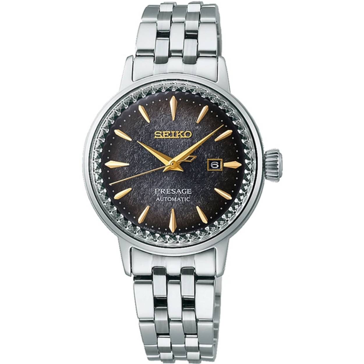 De SEIKO PRESAGE COCKTAIL TIME SRE015J1 STAR BAR LIMITED EDITION is een prachtig horloge met een uniek design en hoogwaardige kwaliteit. Dit limited edition model is geïnspireerd op de sfeer van de Star Bar in Tokio en straalt luxe en elegantie uit.

Het horloge heeft een analoge tijdaanduiding en een automatisch uurwerk van het type 2R05. Met een gangreserve van maximaal 40 uur en 23 jewels is dit horloge uiterst nauwkeurig en betrouwbaar. Het tikgetal van 21.600 zorgt voor een soepele en precieze werking.

De behuizing van de SEIKO PRESAGE COCKTAIL TIME SRE015J1 is rond van vorm en heeft een zilverkleurige afwerking. Het materiaal van de behuizing is roestvrij staal, wat zorgt voor duurzaamheid en een luxe uitstraling. De wijzerplaat is antraciet van kleur en het glas is gemaakt van hardlex, wat zorgt voor een krasbestendige bescherming.

De zilverkleurige band van dit horloge is ook gemaakt van roestvrij staal en heeft een vlinder- of vouwsluiting voor een comfortabele pasvorm. Met een waterdichtheid van 5 bar is dit horloge geschikt om mee te douchen, maar niet om mee te zwemmen.

Daarnaast beschikt de SEIKO PRESAGE COCKTAIL TIME SRE015J1 over een datumweergave, waardoor je altijd op de hoogte bent van de juiste datum. Dit horloge is een echte eyecatcher en een must-have voor liefhebbers van stijlvolle en kwalitatieve horloges.

Als officieel Seiko verkooppunt garanderen wij de authenticiteit en kwaliteit van dit prachtige horloge. 