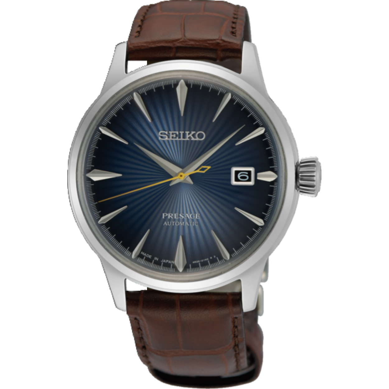 Seiko Presage heren automaat met bruin leren band en blauwe wijzerplaat,caliber 4R35
Kaliber 4R35
Het 4R35 Seiko kaliber met datumweergave is een mechanisch kaliber. Het horloge laadt zich tijdens het dragen automatisch op door het omzetten van de arm- en polsbewegingen van de drager in energie. Beweging van het horloge zorgt ervoor dat de hoofdveer van het horloge wordt opgewonden. Deze veer is de energiebron. Handopwinding is ook mogelijk. Wanneer het horloge volledig is opgeladen heeft het horloge een energiereserve van ca. 41 uur. Het tikgetal van deze automaat is 21.600 per uur en het horloge heeft 23 jewels. Het 4R kaliber wordt volledig in-house vervaardigd.

