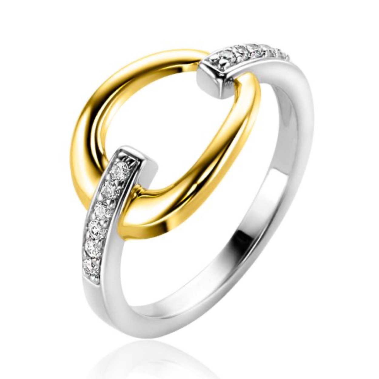 ZINZI zilveren bicolor ring met een gold plated open gladde druppelvorm. De ring is aan beide kanten van de grote druppelvorm bezet met zes kleine witte zirconia's. Vervaardigd van eerste gehalte zilver (925) en voorzien van een extra rodiumlaag voor een langdurige glans.