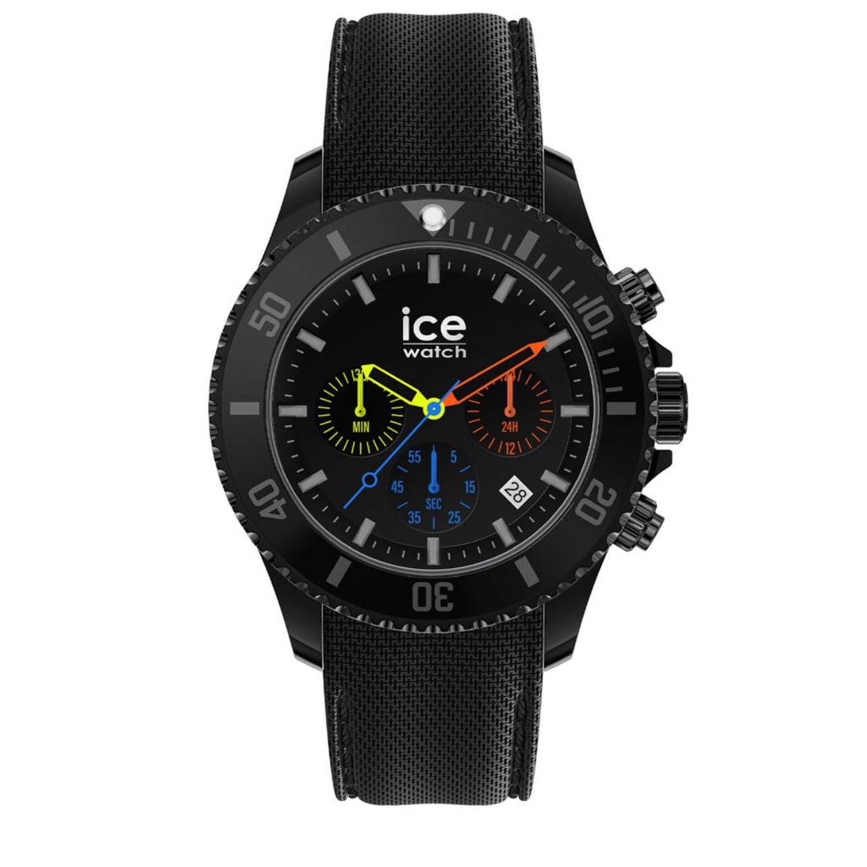 Herenuurwerk uit de 'Ice Chrono' collectie van Ice Watch
Zwarte siliconen band en kunststof kast
Zwarte wijzerplaat multifunctie met datumaanduiding
Waterdichtheid: 10 ATM