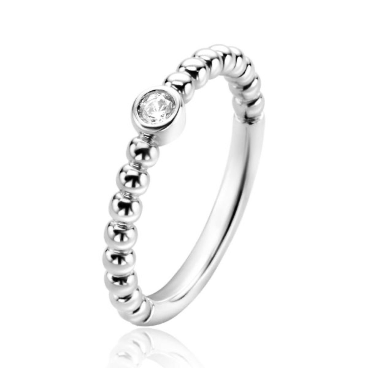 ZINZI zilveren aanschuifring met bolletjes scheen en bezet met een ronde witte zirconia in een 3mm zetting. Deze ring laat zich gemakkelijk combineren met andere Zinzi ringen! Vervaardigd van eerste gehalte zilver (925) en voorzien van een extra rodiumlaag voor een langdurige glans.
