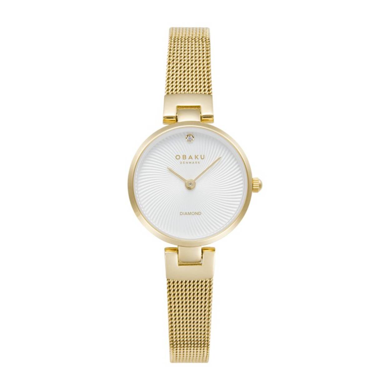 Obaku Diamant Petite Gold dameshorloge V256SXGIMG heeft een fijne ronde kast van goudkleurig roestvrij staal en een Milanese mesh band. Met een elegante witte wijzerplaat en analoge kwartsbeweging is dit horloge nikkelvrij en waterbestendig tot 3 ATM. Het is perfect voor een verfijnde, minimalistische look bij formele gelegenheden en dagelijkse outfits. Draag met vertrouwen en stijl!