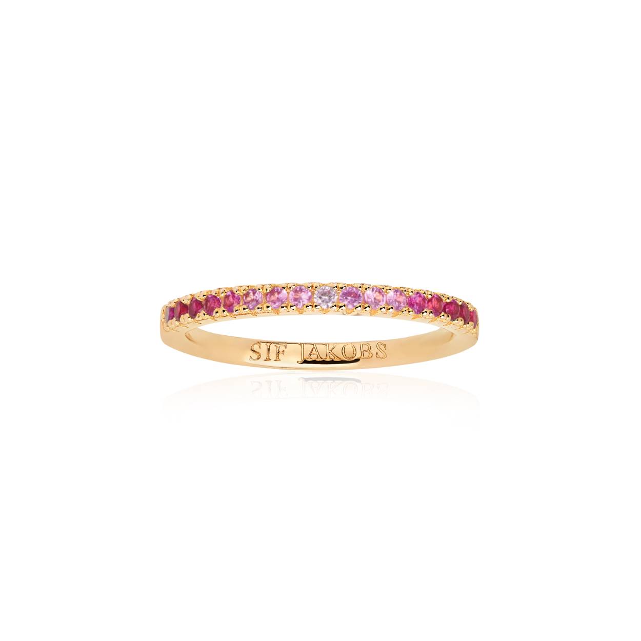 Dit is een ring van het merk Sif Jakobs uitgevoerd in 18 krt. verguld zilver met fonkelende roze zirkonia's 
Ringmaat: 58